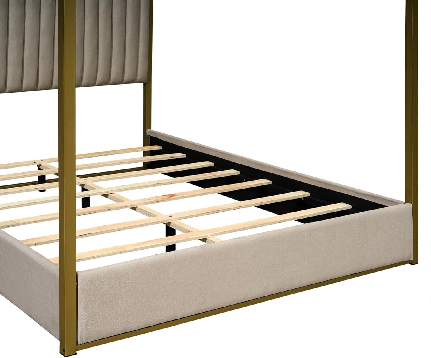 Harper & Bright Designs Queen Size Canopy Platform Bed with Channel Upholstery Tufted Headboard, Gold Metal 4 Post Canopy Bed Frame for Boys Girls Adult, Beige
