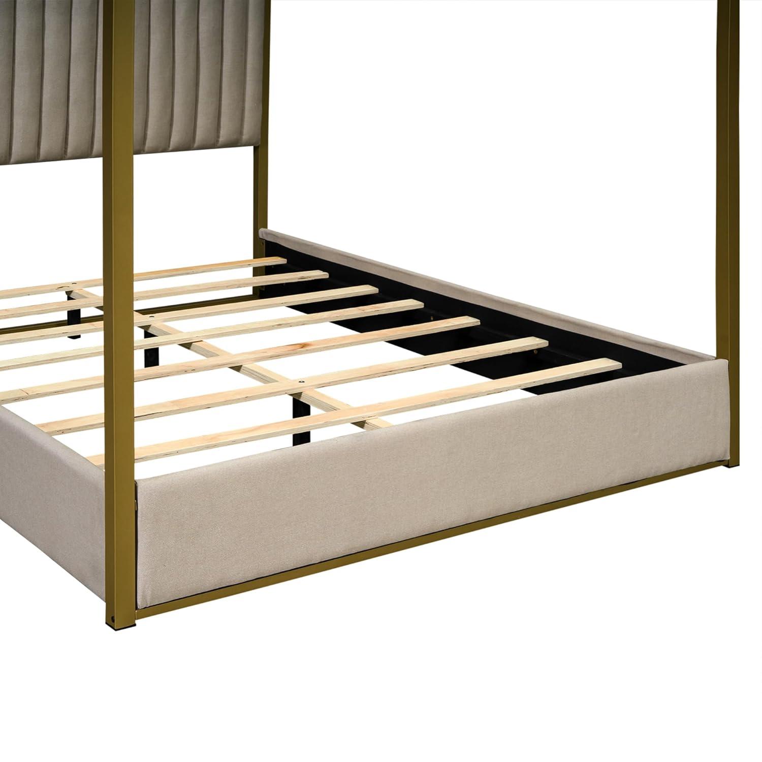 Harper & Bright Designs Queen Size Canopy Platform Bed with Channel Upholstery Tufted Headboard, Gold Metal 4 Post Canopy Bed Frame for Boys Girls Adult, Beige