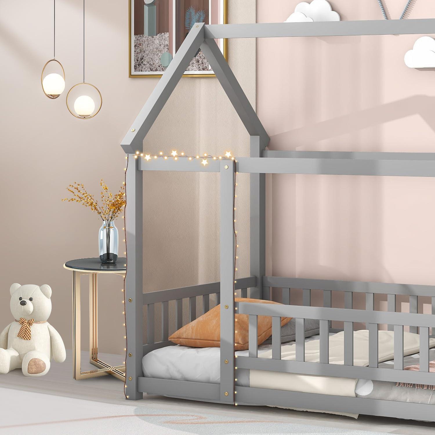 Twin Floor Bed for Kids, Wooden House Bed Frame with Roof, Fence Guardrails, Montessori Bed for Toddlers Girls Boys, Gray