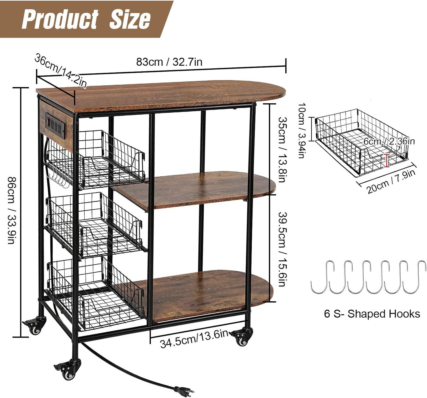 Kitchen Bakers Rack with Power Outlet, Microwave Stand with 3 Pull-Out Fruit Basket Storage, Coffee Bar Carts Table on 4 Wheels, 6 S-Hook Storage Shelf for Spice Rack Organizer Workstation, 33.9 inch
