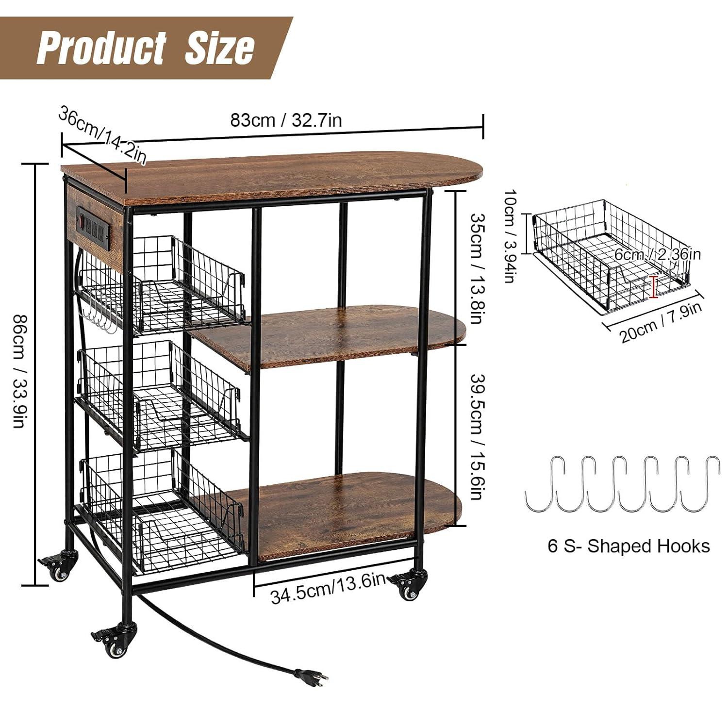 Kitchen Bakers Rack with Power Outlet, Microwave Stand with 3 Pull-Out Fruit Basket Storage, Coffee Bar Carts Table on 4 Wheels, 6 S-Hook Storage Shelf for Spice Rack Organizer Workstation, 33.9 inch