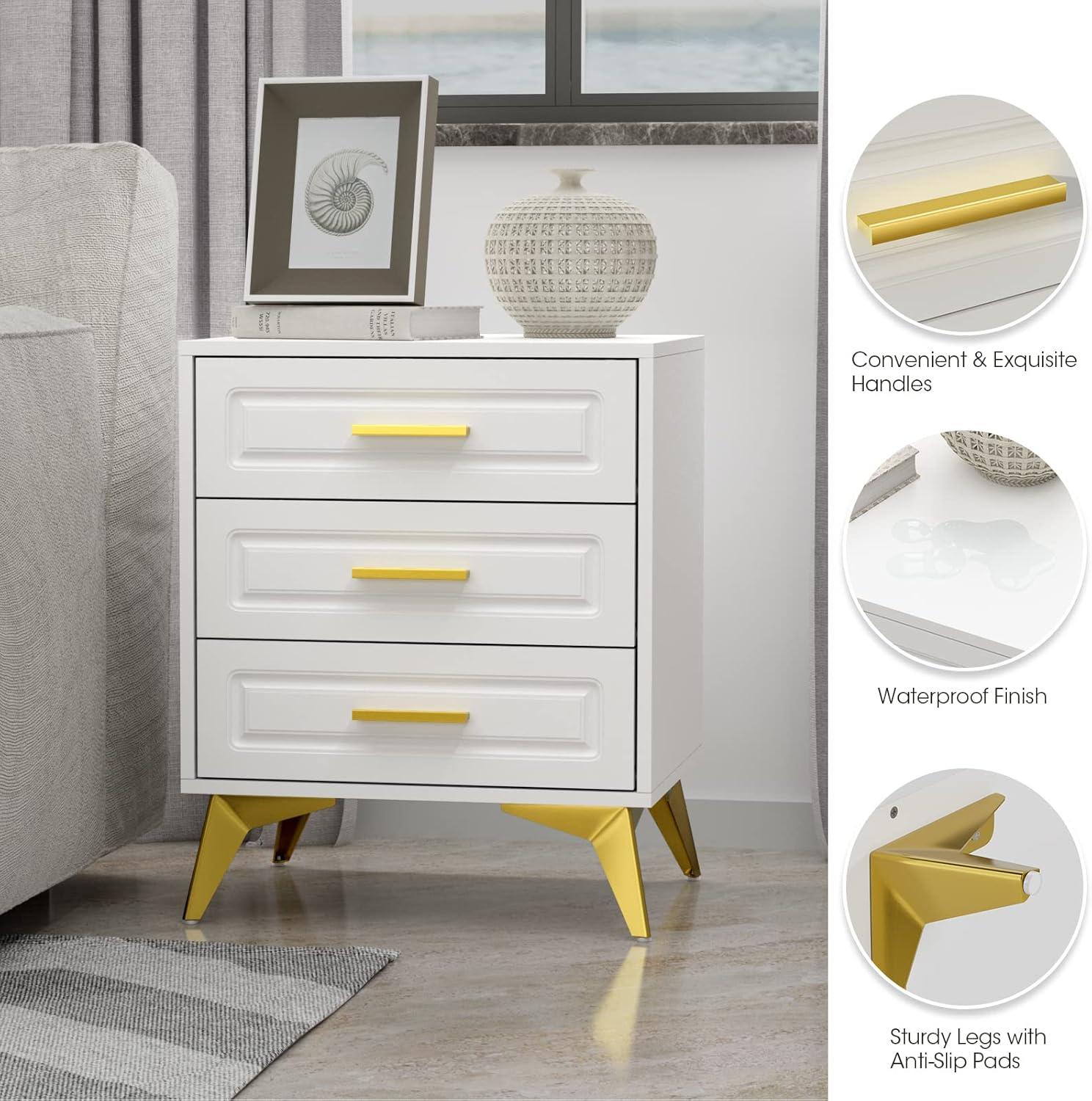 White and Gold 3-Drawer MDF Nightstand with Metal Legs