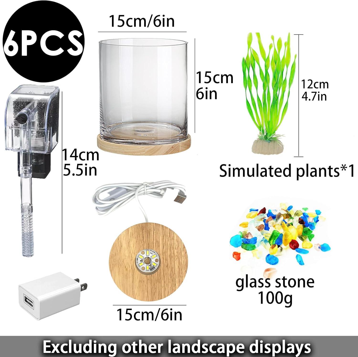 Aquarium Starter Kits 0.81-Gallon Fish Tank(6 inches) for Beginner Cylindrical Betta Fish Bowl with Wooden Base LED Light Water Pump Accessories Self-Cleaning Filter Copyright Patent
