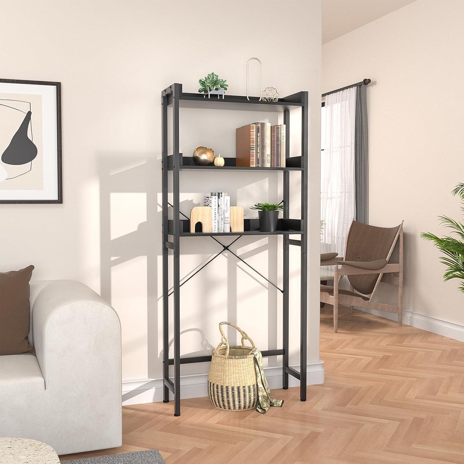 3-Tier Over The Toilet Storage, Space Saver Metal Bathroom Shelves, Freestanding above Over Toilet Storage Shelf with 4 Hooks for Bathroom, Black