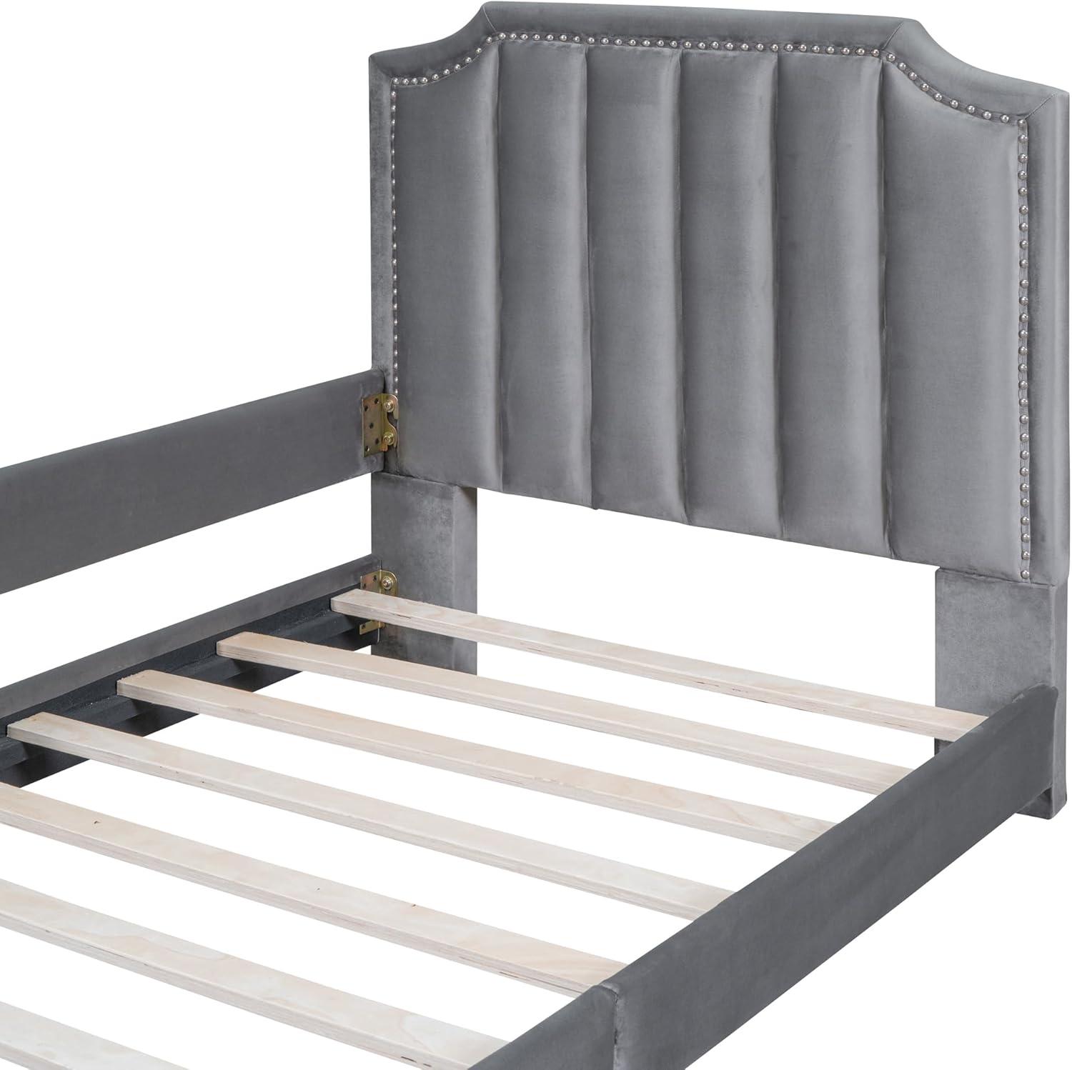 Twin Size Upholstered Bed with Belgrave Headboard, Low Platform Bed Frame with Rails, Kids Velvet Daybed with Slats Support for Girls Boys Teens, Gray