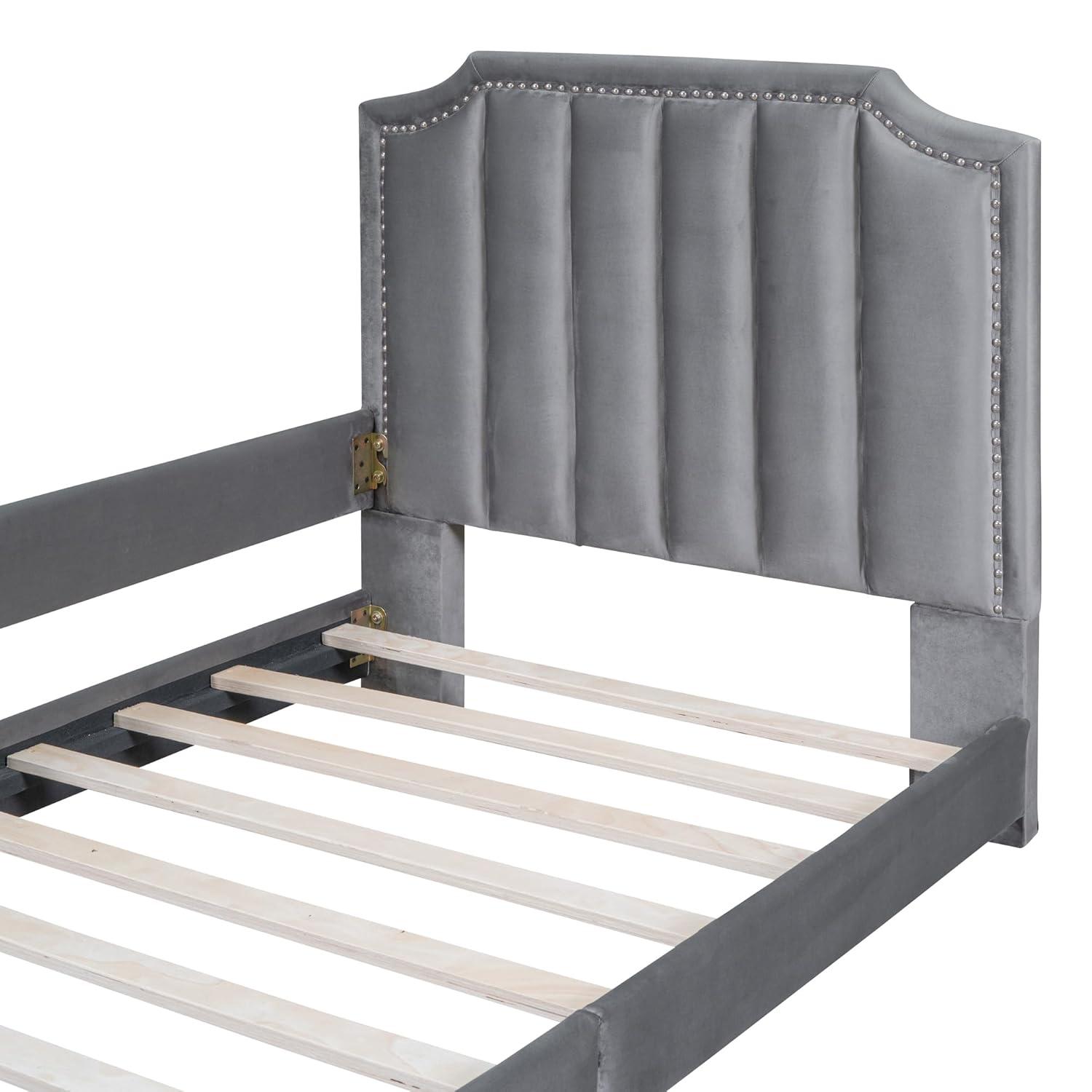 Twin Size Upholstered Bed with Belgrave Headboard, Low Platform Bed Frame with Rails, Kids Velvet Daybed with Slats Support for Girls Boys Teens, Gray
