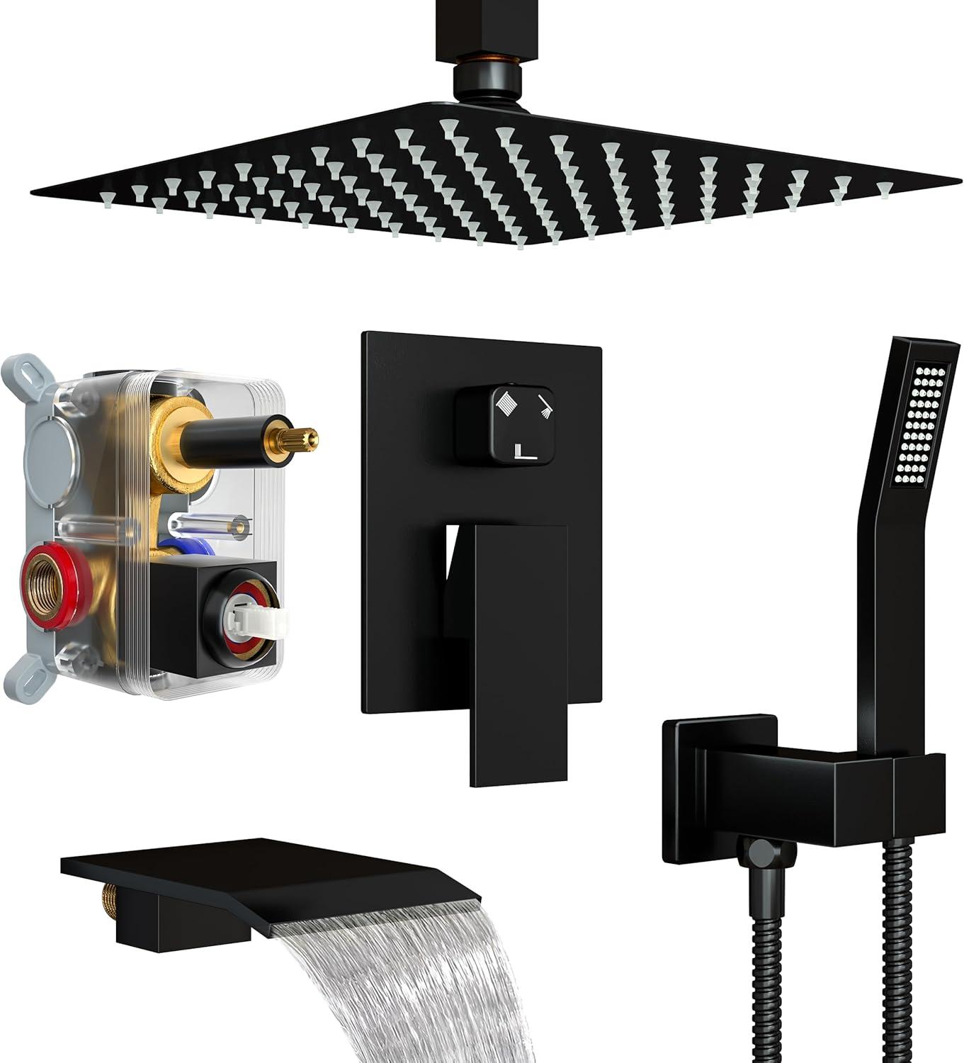 Matte Black 12" Ceiling Mounted Rain Shower System with Handheld Spray