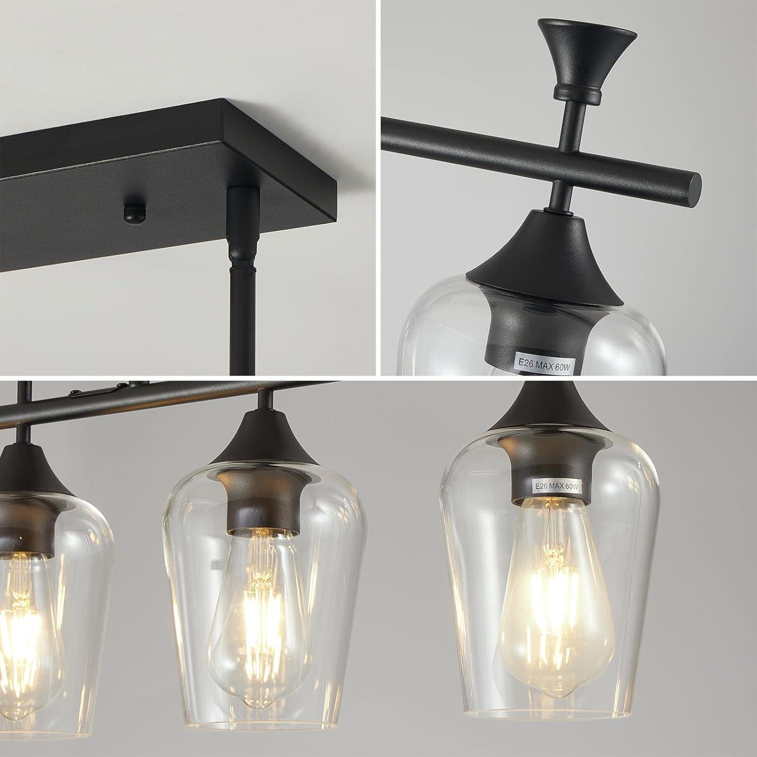 Black Farmhouse Chandelier, 5-Light Island Lights for Kitchen in Metal Finish with Clear Glass Shades, 37" Dining Room Chandelier, Linear Pendant Lighting for Foyer, Bar, Pool Table