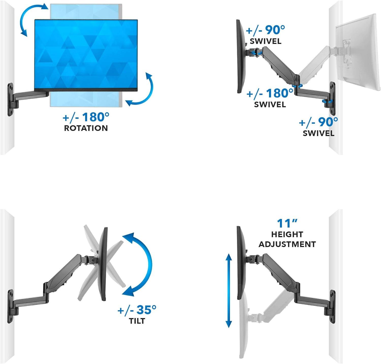 Mount-It! Single Monitor Wall Mount Arm | Height Adjustable Computer Bracket with Full Motion Gas Spring Arms | VESA 75 and 100 | Black