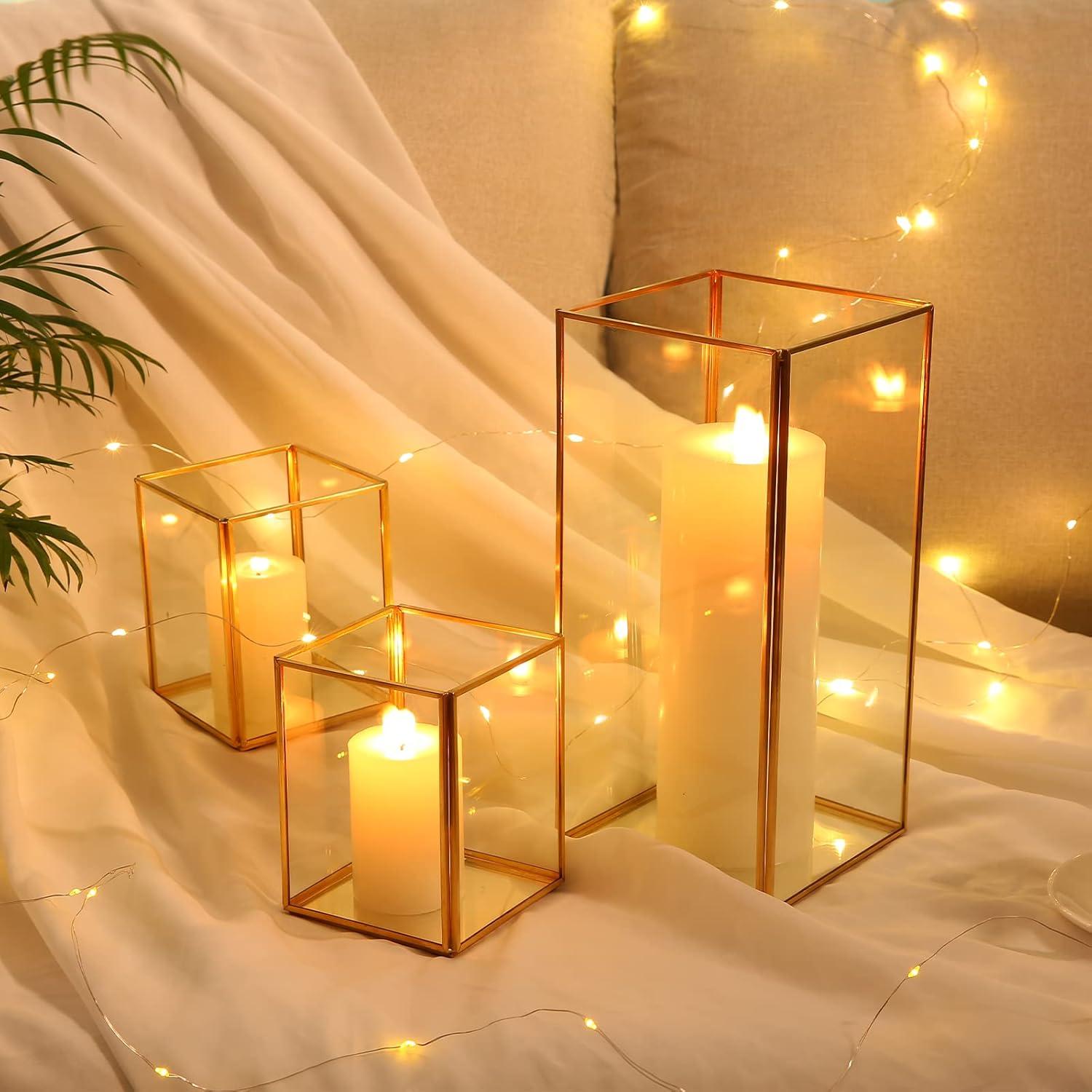 Phosphor Small Hurricane Candle Holder Set of 3 Pieces, Black Glass Candle Holder for Wedding, Party, Holiday.