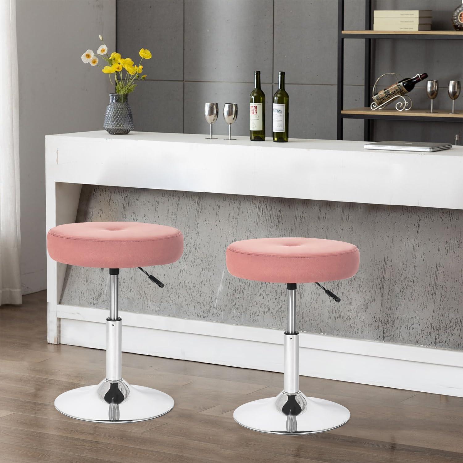 16” Round Adjustable Vanity Stool, Pink Vanity Chair for Makeup Room, Modern Vanity Chair with Velvet Fabric & Metal Base.