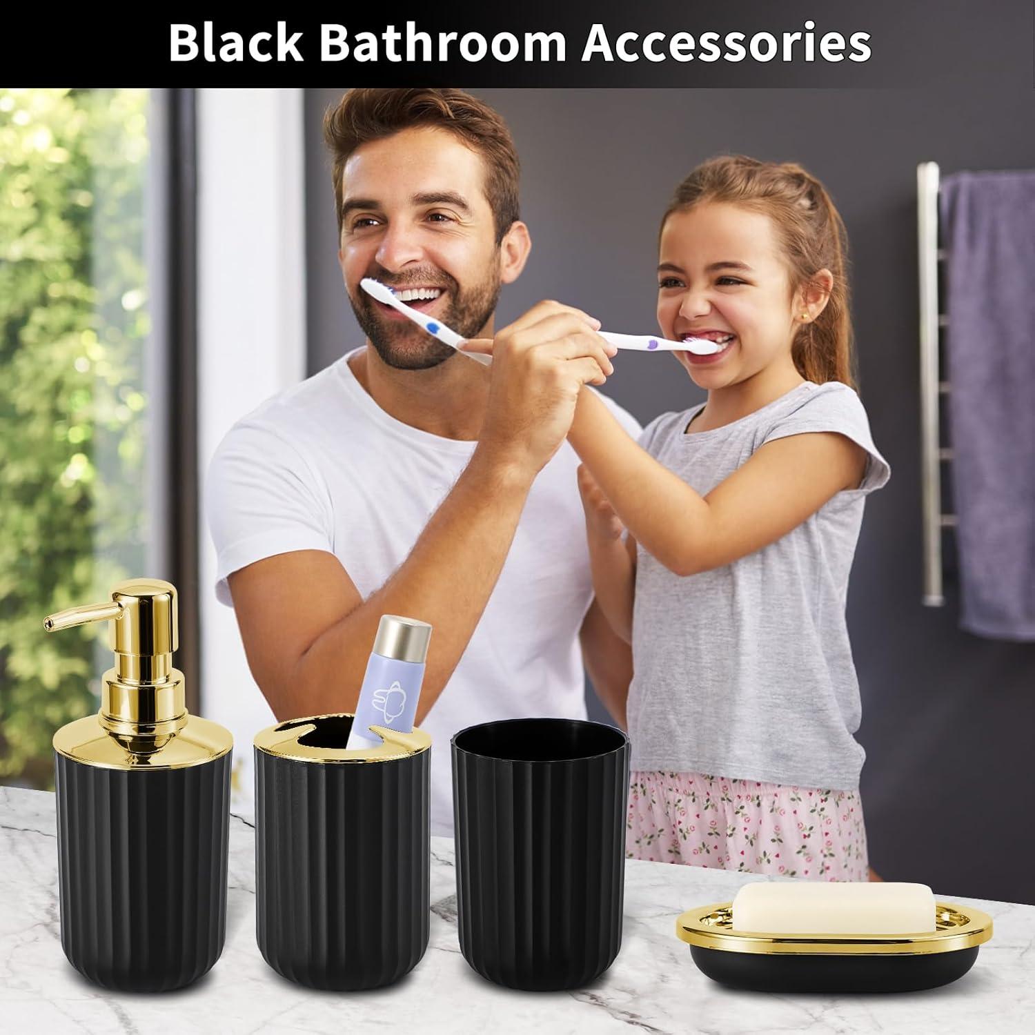 9PCS Black and Gold Bathroom Accessories Set Complete with Trash Can, Vanity Tray, Soap Dispenser, Soap Dish, Toothbrush Holder, Toothbrush Cup, Toilet Brush and Qtip Holders