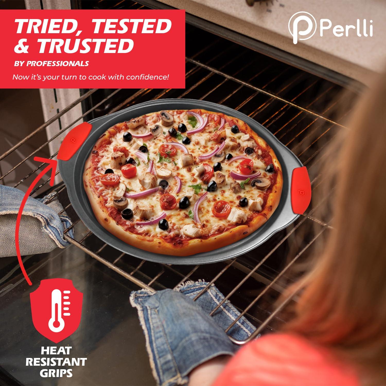 PERLLI Non-Stick 17-Piece Baking Pan Set, BPA-Free Carbon Steel Bakeware Set with Silicone Handles, Stackable Kitchen Oven Set, Cookie Sheet, Baking Tray, Baking Sheet Set, Utensils, Oven Safe (446°F)