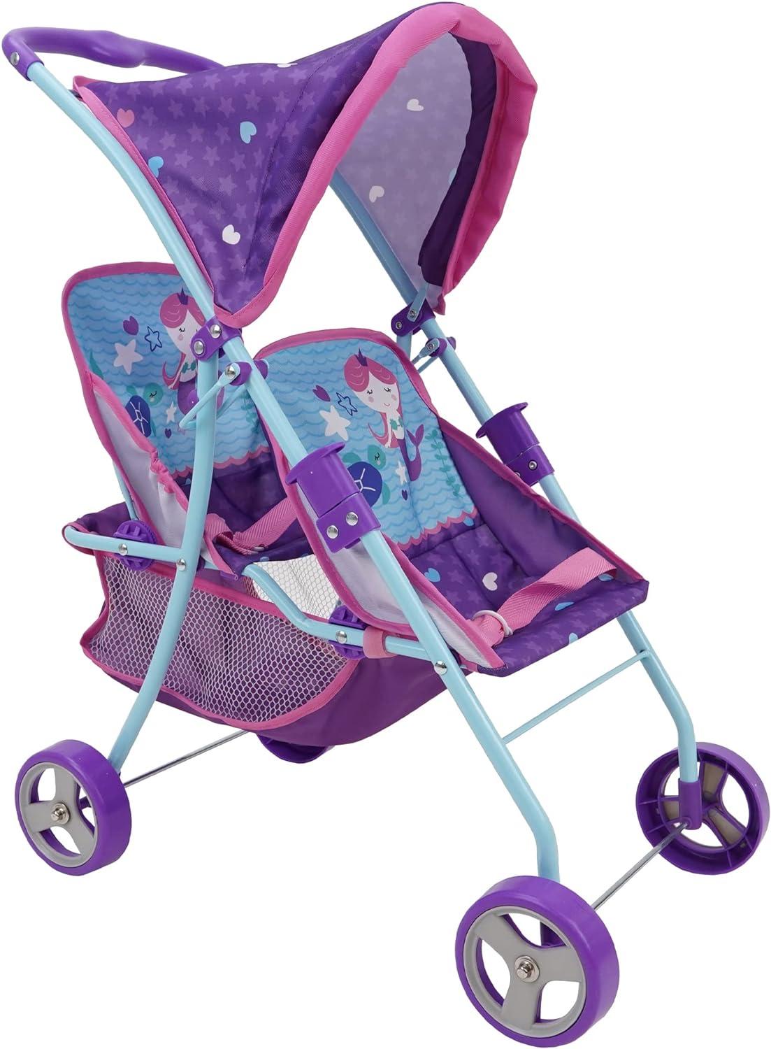 509: Mermaid Twin Doll Stroller W/ Retractable Canopy, 2 Seats