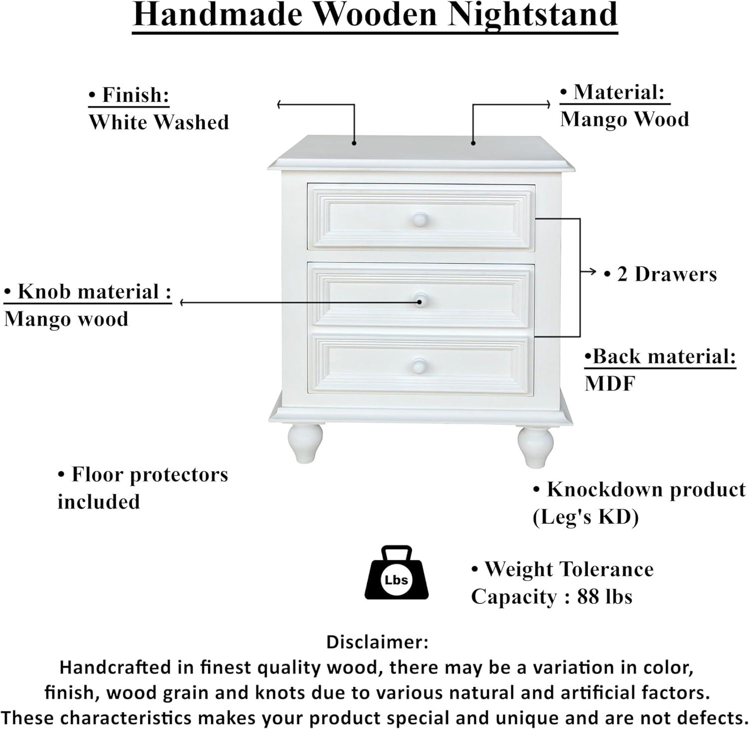 White Wooden 2-Drawer Nightstand with Tapered Legs