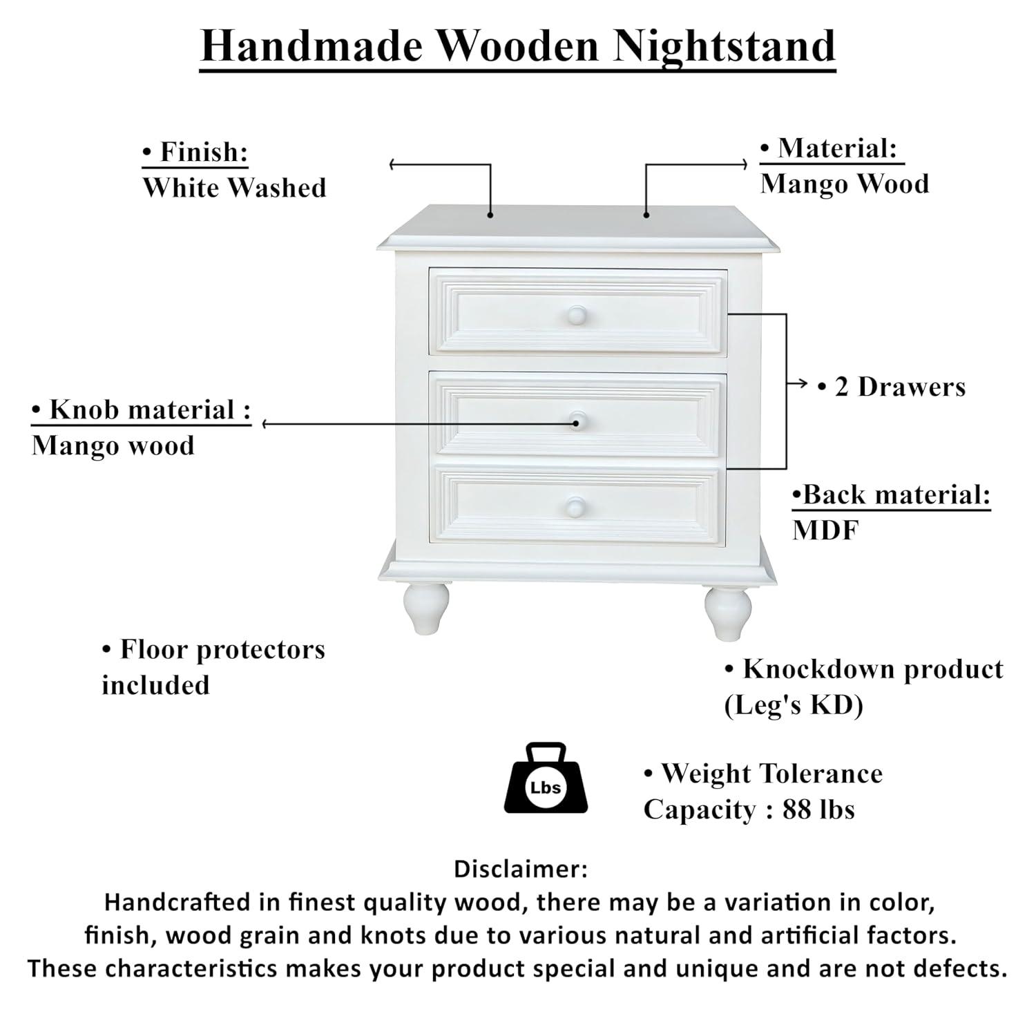 White Wooden 2-Drawer Nightstand with Tapered Legs