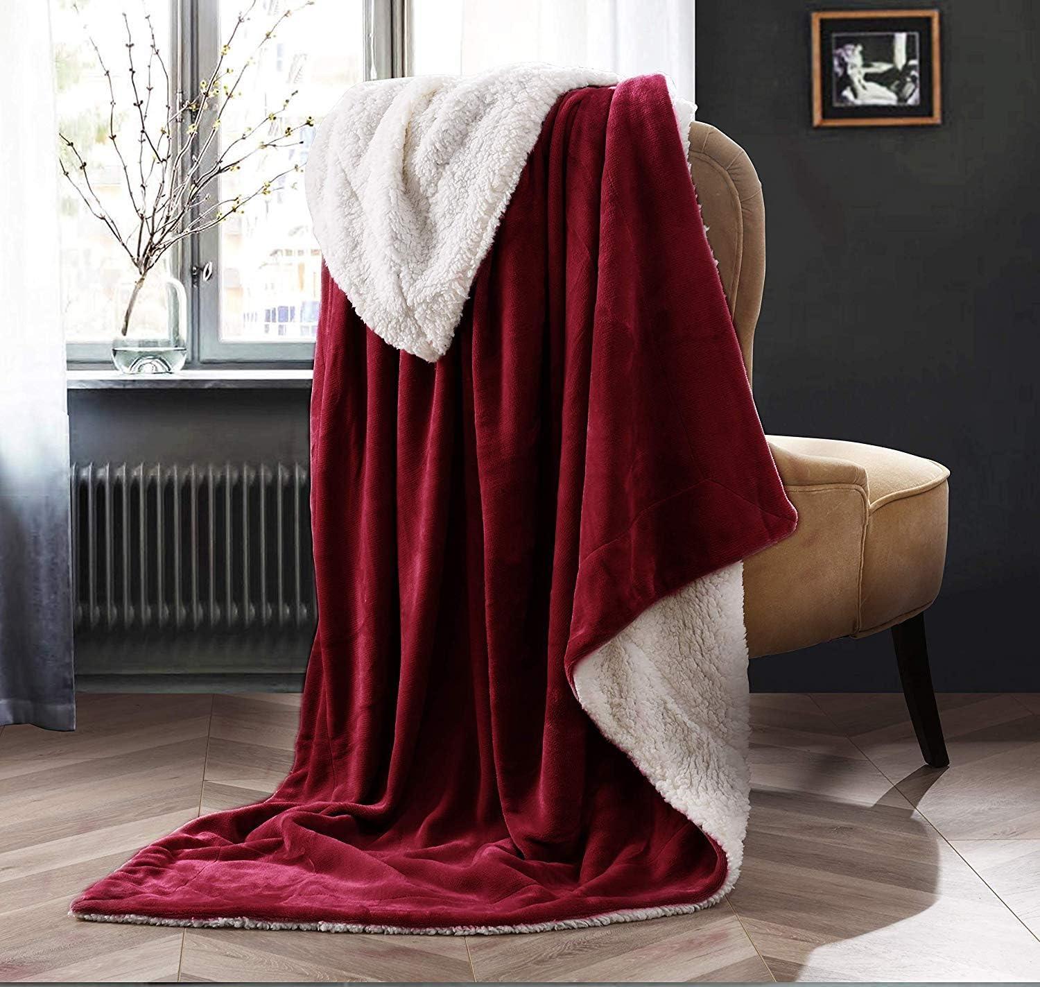 Wine Red Sherpa Fleece Reversible Throw Blanket