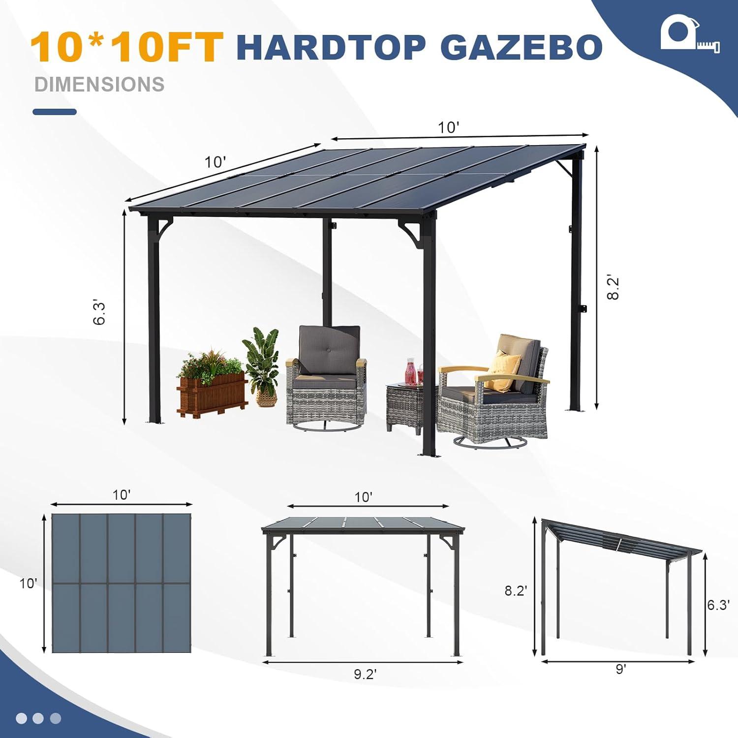MEISSALIVVE 10' X 12' Gazebo, Wall Mounted Gazebo, Lean To Metal Awnings Gazebos, Gazebo Pergola With Sloped Roof, Outdoor Patio Gazebo Awning For Backyard, Deck