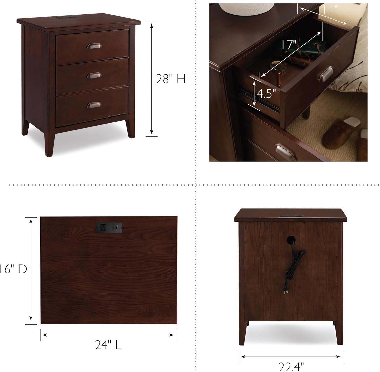 Leick Home 10522 Laurent Nightstand with Drawer, Door with USB-C Fast Charging Station and AC/USB Outlet, Chocolate Cherry