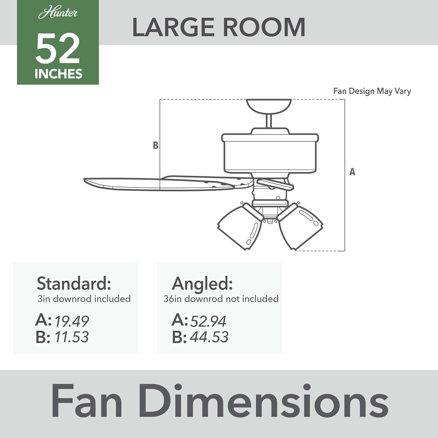Hunter - Hartland Indoor Ceiling Fan With Light, 52-inch, Matte Black, Casual-style, 3-speed WhisperWind Motor, 51745, for living rooms, bedrooms, home offices, kitchens
