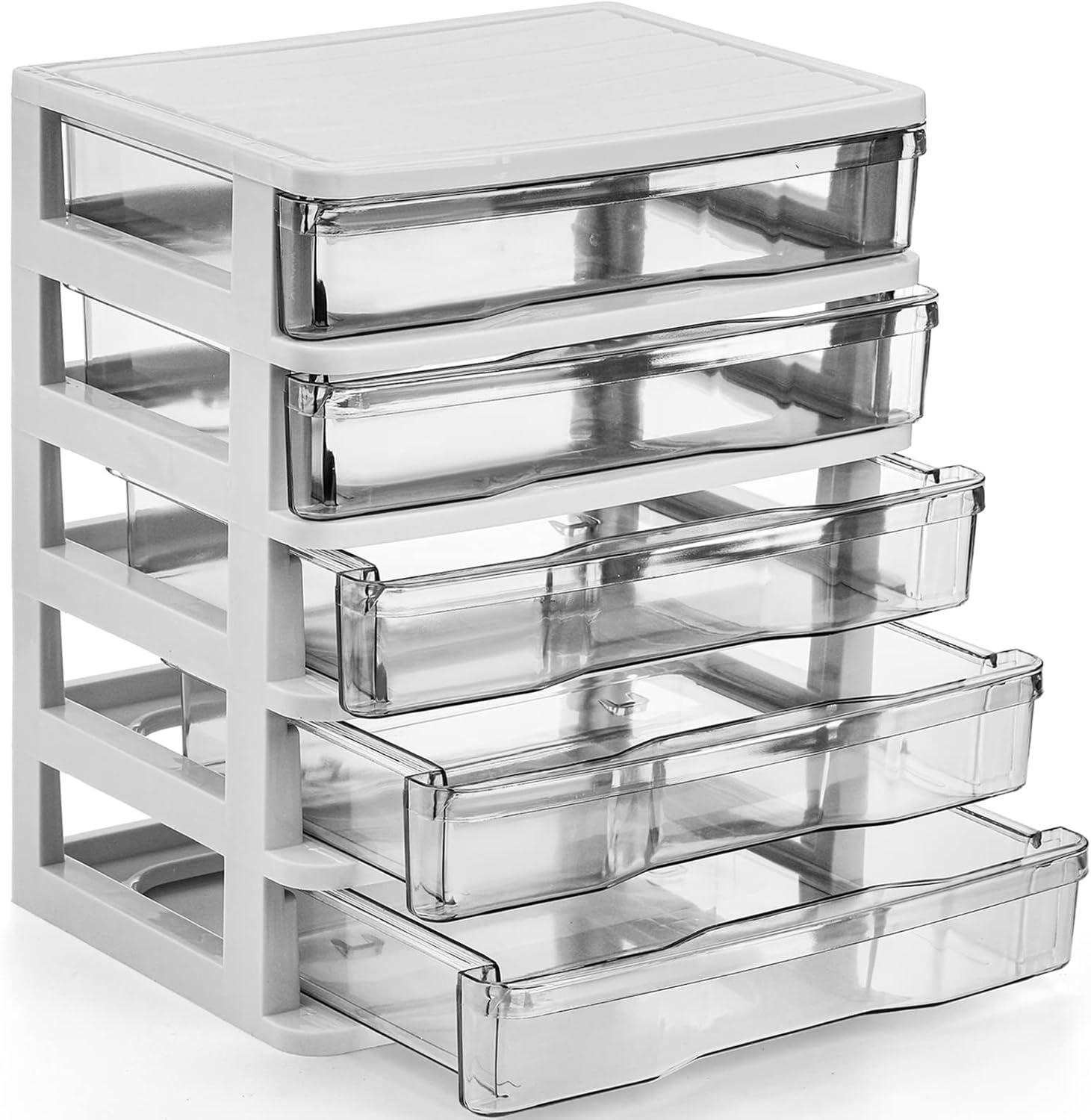 Compact White and Clear 5-Drawer Plastic Storage Organizer