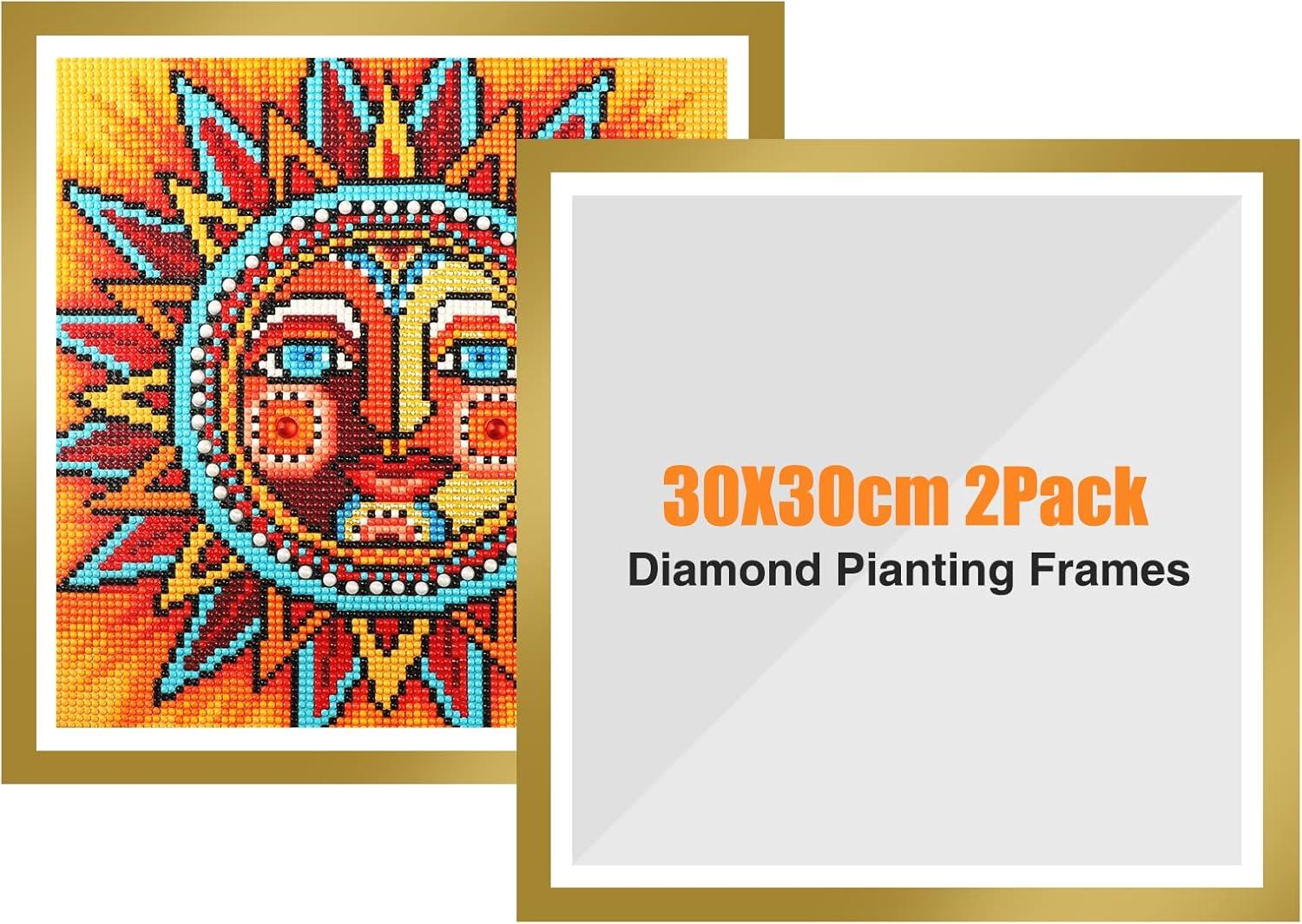 GHHKUD Upgraded 2Pack Diamond Painting Frames, Frames for 30x30cm Diamond Painting Canvas, Magnetic Diamond Art Frame Self-Adhesive, Diamond Painting Frames with Hooks for Wall Window Door (Gold)