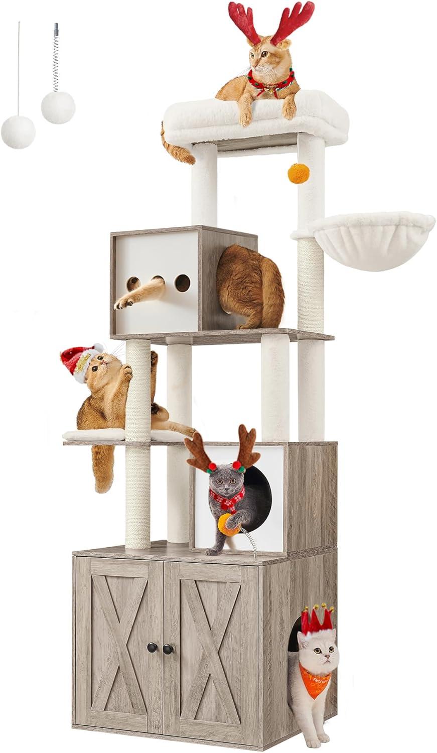 Modern Heather Greige Sisal Cat Tree with Litter Box Enclosure