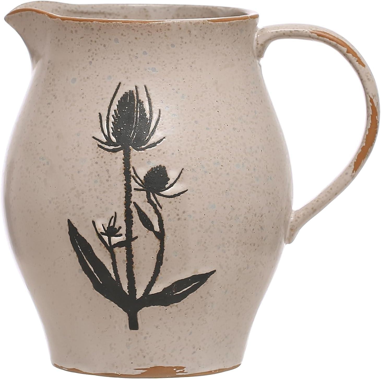 White and Black Stoneware Pitcher with Flower Design, 50 oz