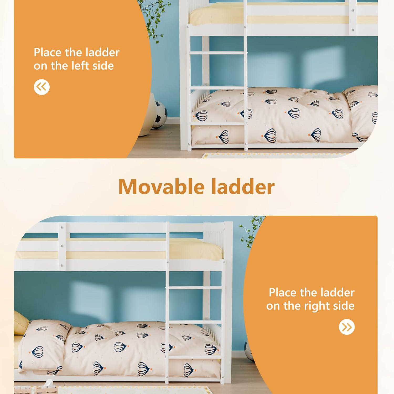 JOYMOR Wood Low Twin Over Twin Bunk Bed for Kids/Toddlers/Junior, Bunk Bed Frame with Guardrails & Ladder for Boys Girls, No Box Spring Needed, White