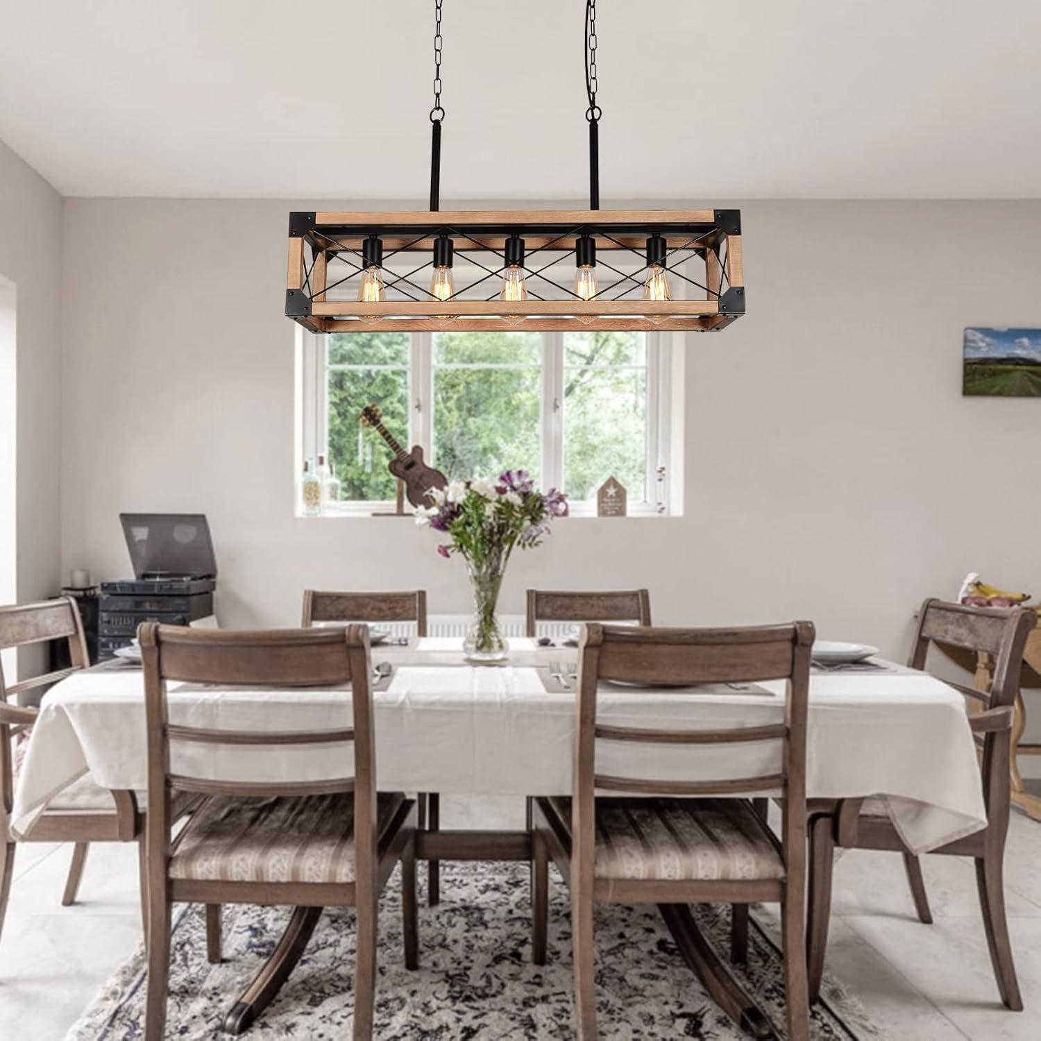 Bribyit Kitchen Island Lighting, 33.5-Inch 5 Lights Farmhouse Linear Chandelier for Dining Room Pool Table Pendant Light Fixture, Rustic Wood Grain Finish, Industrial Pendant Light