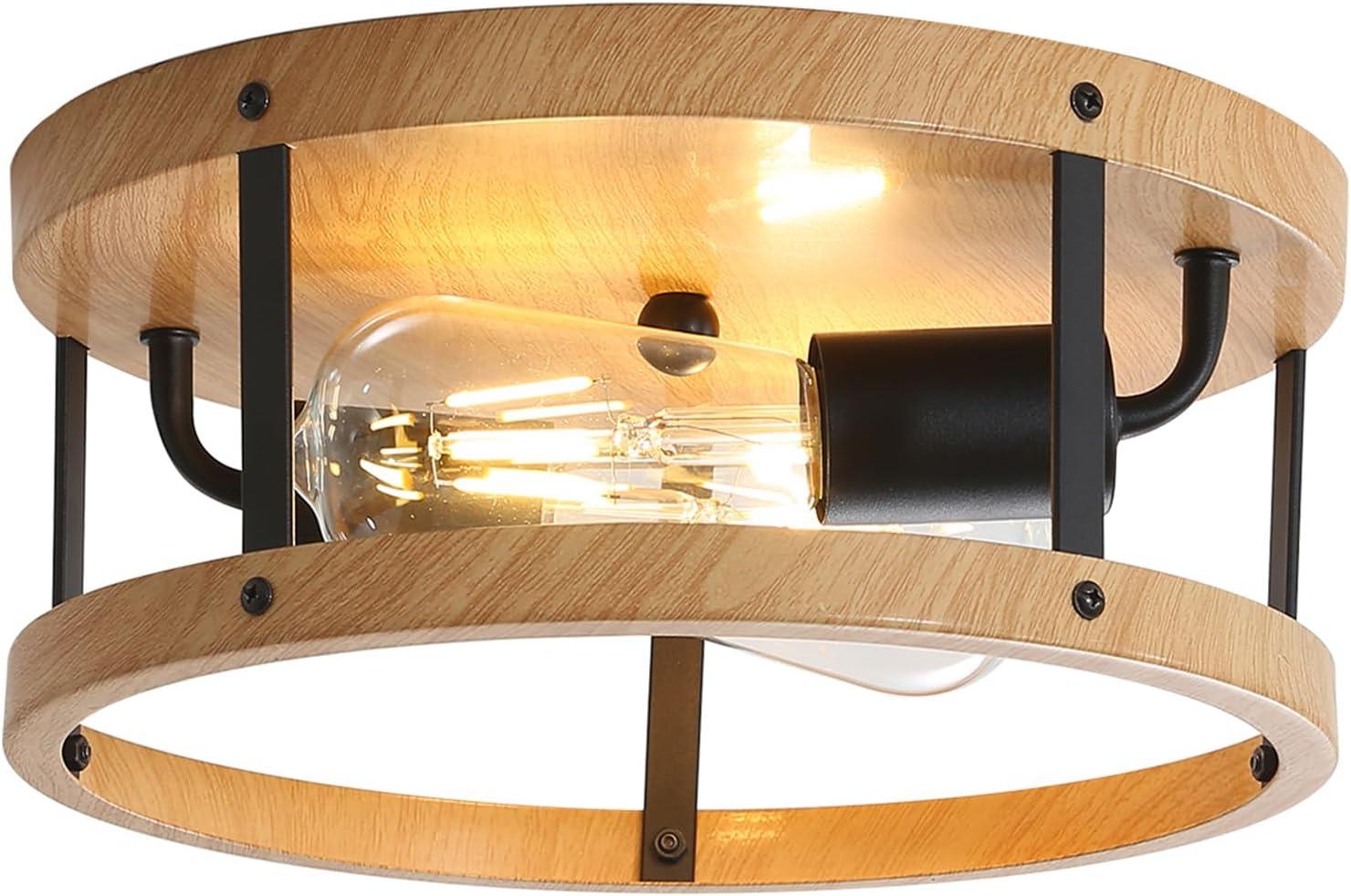 2-Light Industrial Flush Mount Ceiling Light Fixture, Wood Finish Farmhouse Ceiling Light Fixture,Modern Flush Mount Light Fixture for Kitchen Bedroom Living Room Hallway 1 Pack