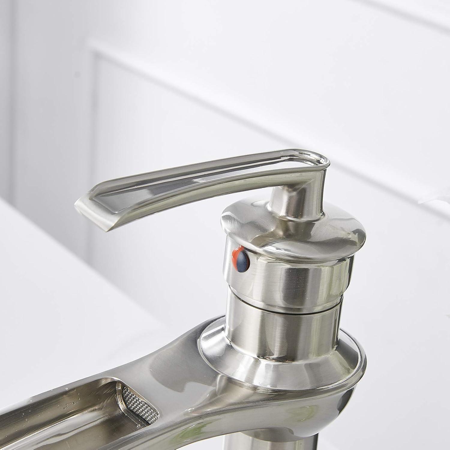 BWE Brushed Nickel Bathroom Faucet with Drain Assembly and Supply Hose Lead-Free Tall Body Waterfall Vessel Sink Faucet Lavatory Single-Handle Mixer Tap