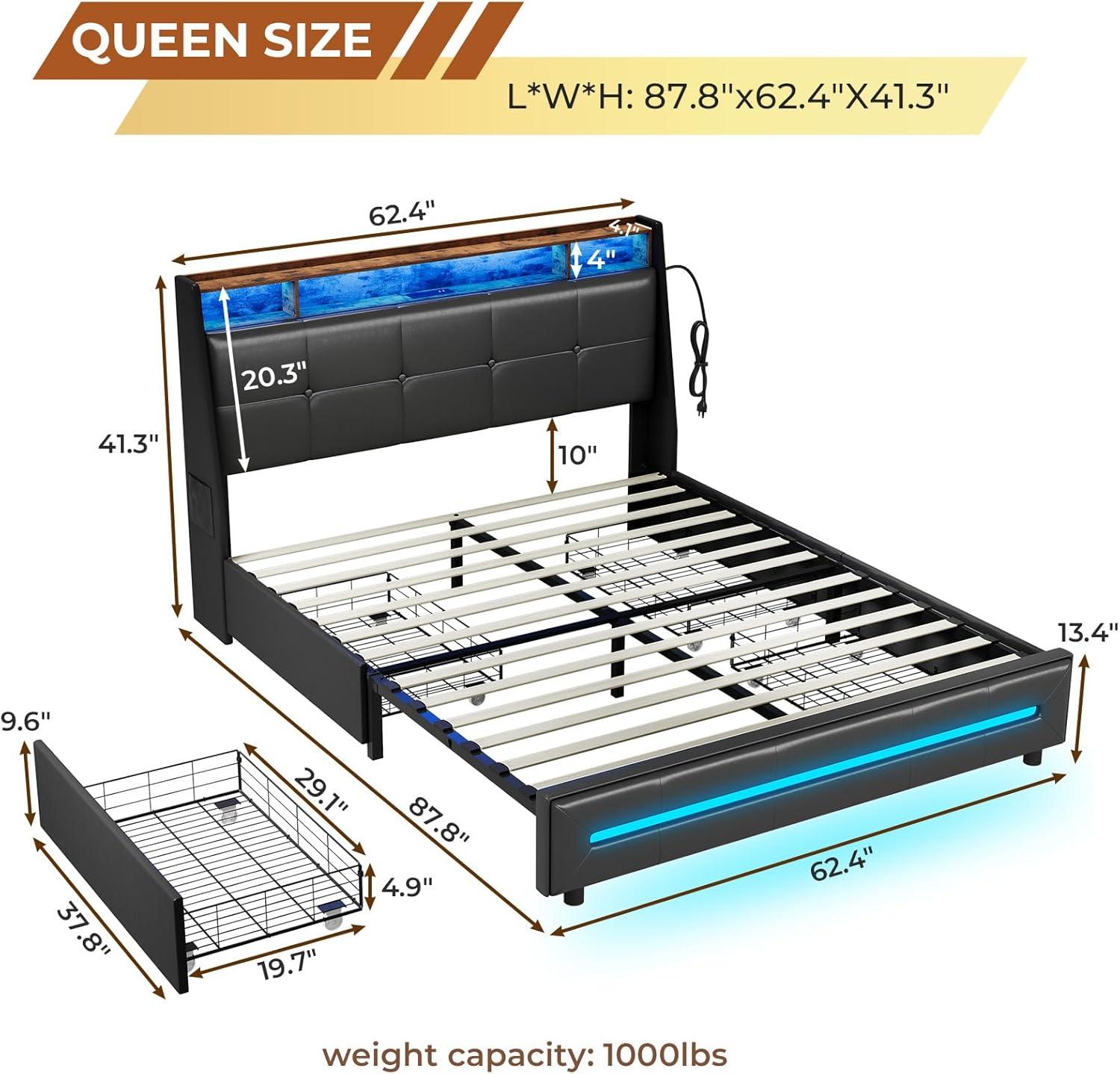 Queen LED Bed Frame with 4 Storage Drawers, Upholstered Bed Frame with Charging Station, Button Tufted Wingback Headboard, Black