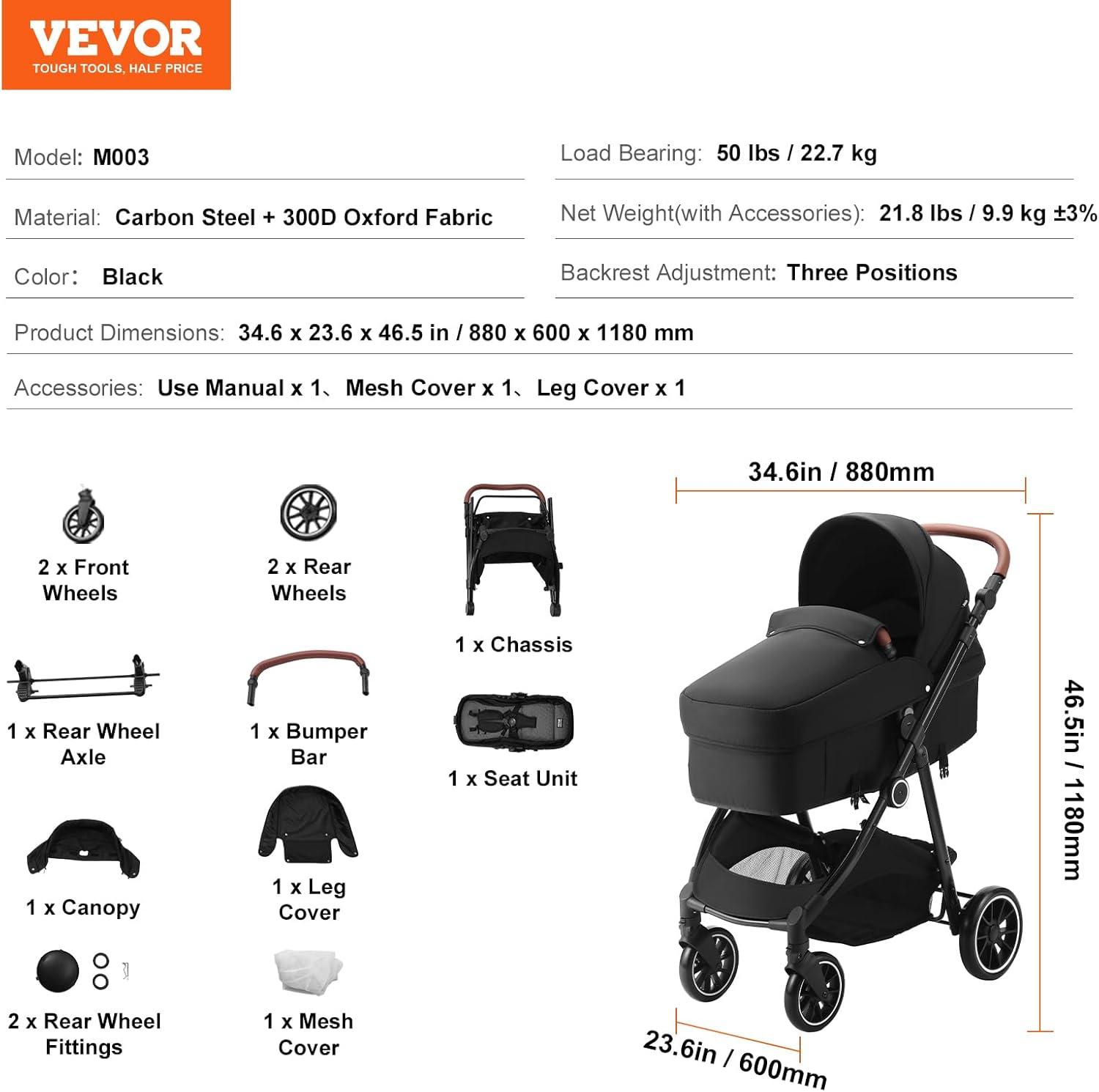 VEVOR Standard Baby Stroller, Infant Toddler Stroller with Bassinet, 3rd-Gear Adjustable Backrest & Foldable & Reversible Seat, Carbon Steel Newborn Stroller with Leg Cover and Mesh Net, Black