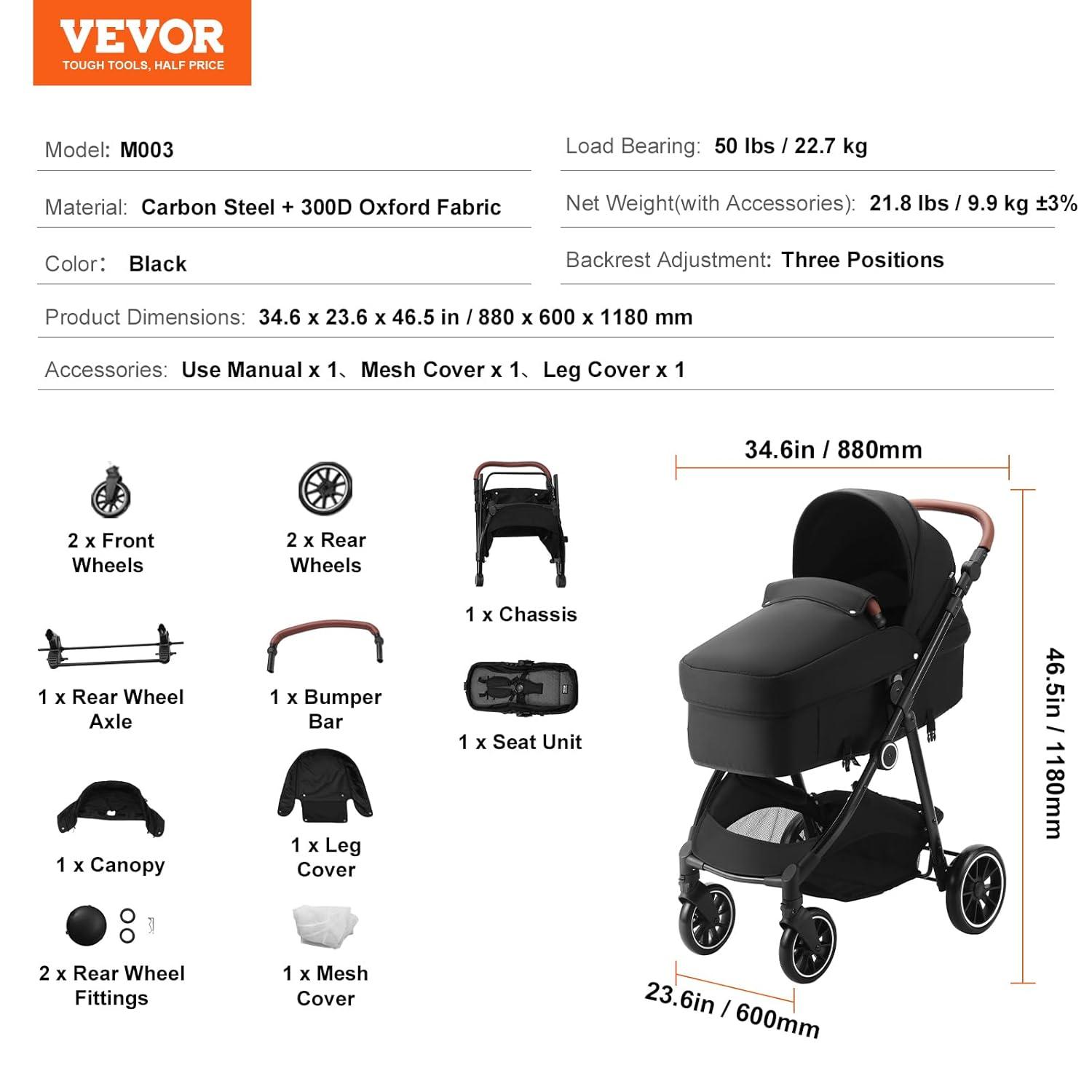 Gray All-Terrain Steel Frame Bassinet Stroller with Adjustable Backrest