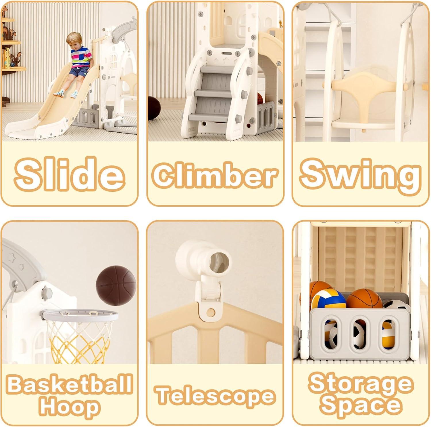 XJD 6 in 1 Toddler Slide and Swing Set, Kid Slide for Toddlers Age 1-3, Baby Slide with Basketball Hoop, Indoor Outdoor Slide Toddler Playset Toddler Playground, Beige