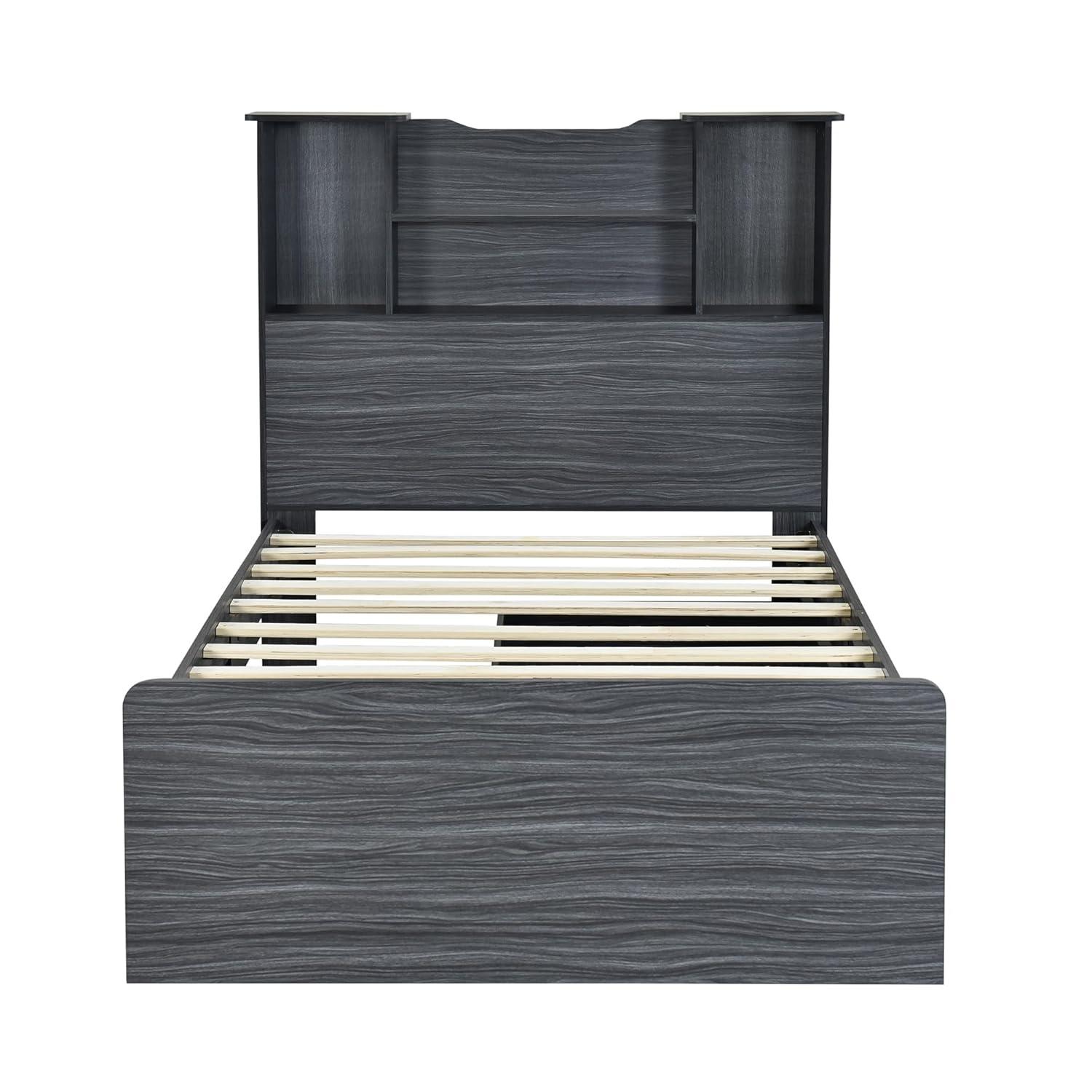 Harper & Bright Designs Twin Size Bed with Storage Headboard and Drawers, Solid Wood Twin Platform Bed Frame with 2 Drawers, 4 Shelves and LED Light, No Box Spring Needed - White