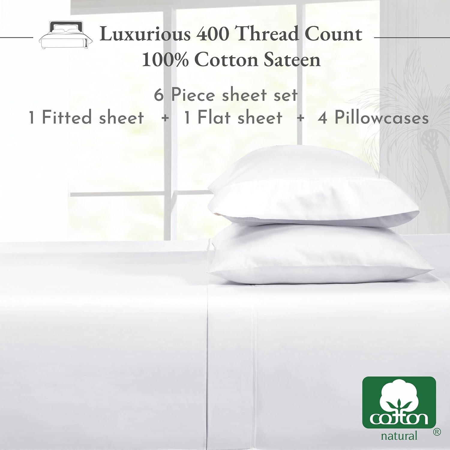 6 Piece Sheet Set with 4 Pillowcases - 400 Thread Count 100% Cotton Sateen - Deep Pocket by California Design Den