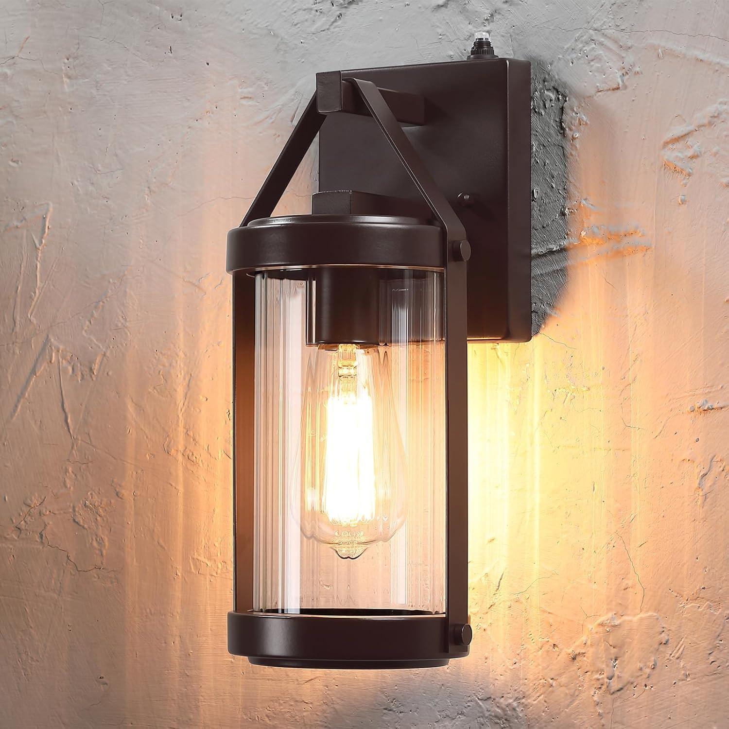 Brown Metal and Glass Industrial Outdoor Wall Lanterns