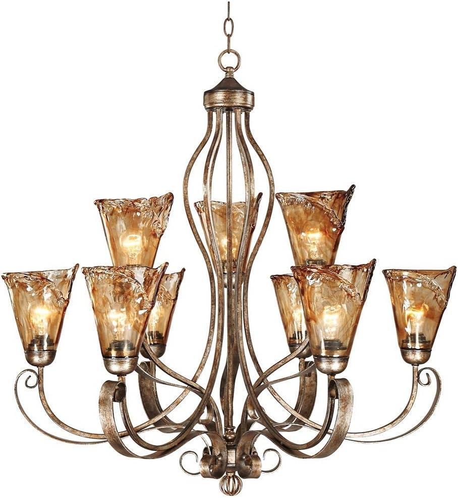 Franklin Iron Works Amber Scroll Golden Bronze Large Chandelier 35 1/2" Wide Rustic Art Glass 9-Light Fixture for Dining Room House Kitchen Island