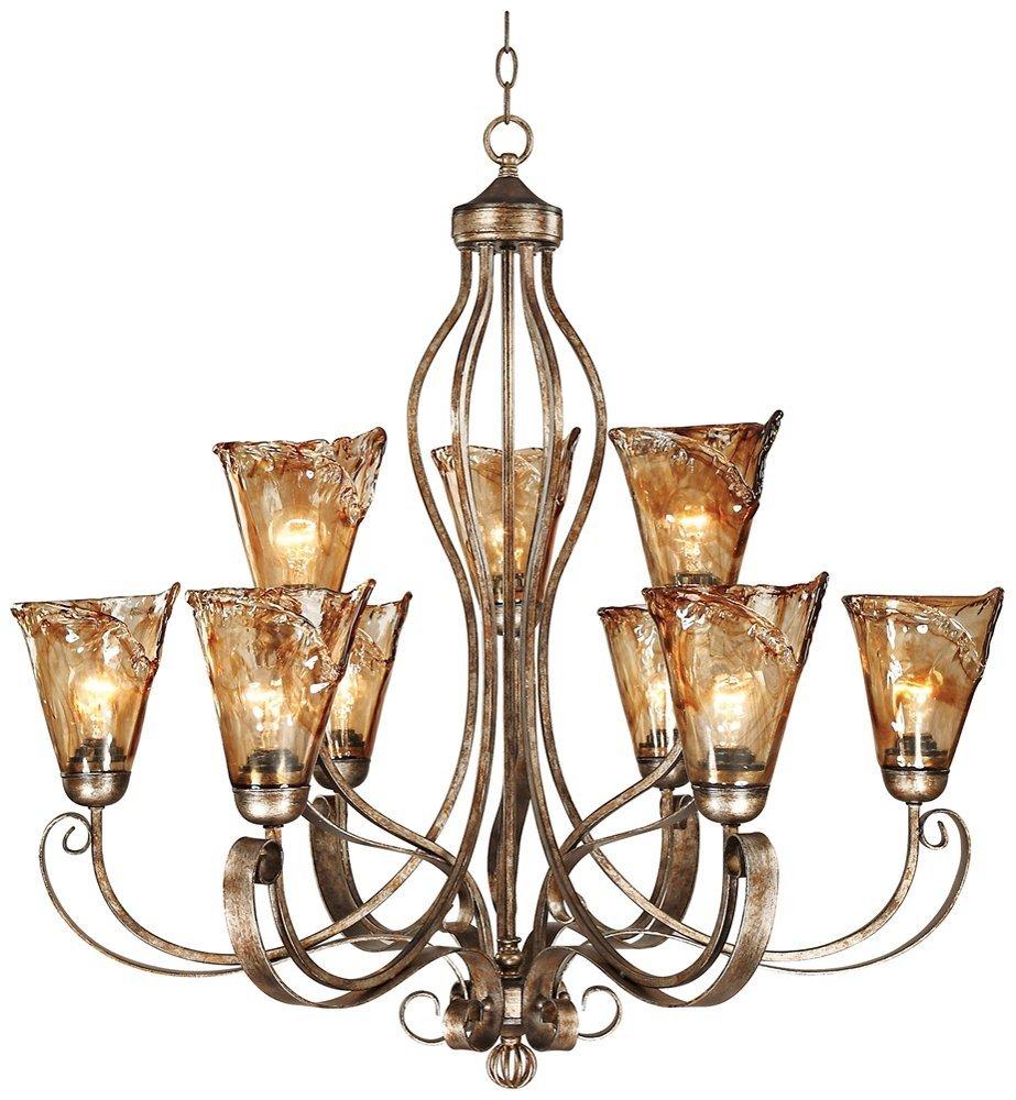 Franklin Iron Works Amber Scroll Golden Bronze Large Chandelier 35 1/2" Wide Rustic Art Glass 9-Light Fixture for Dining Room House Kitchen Island