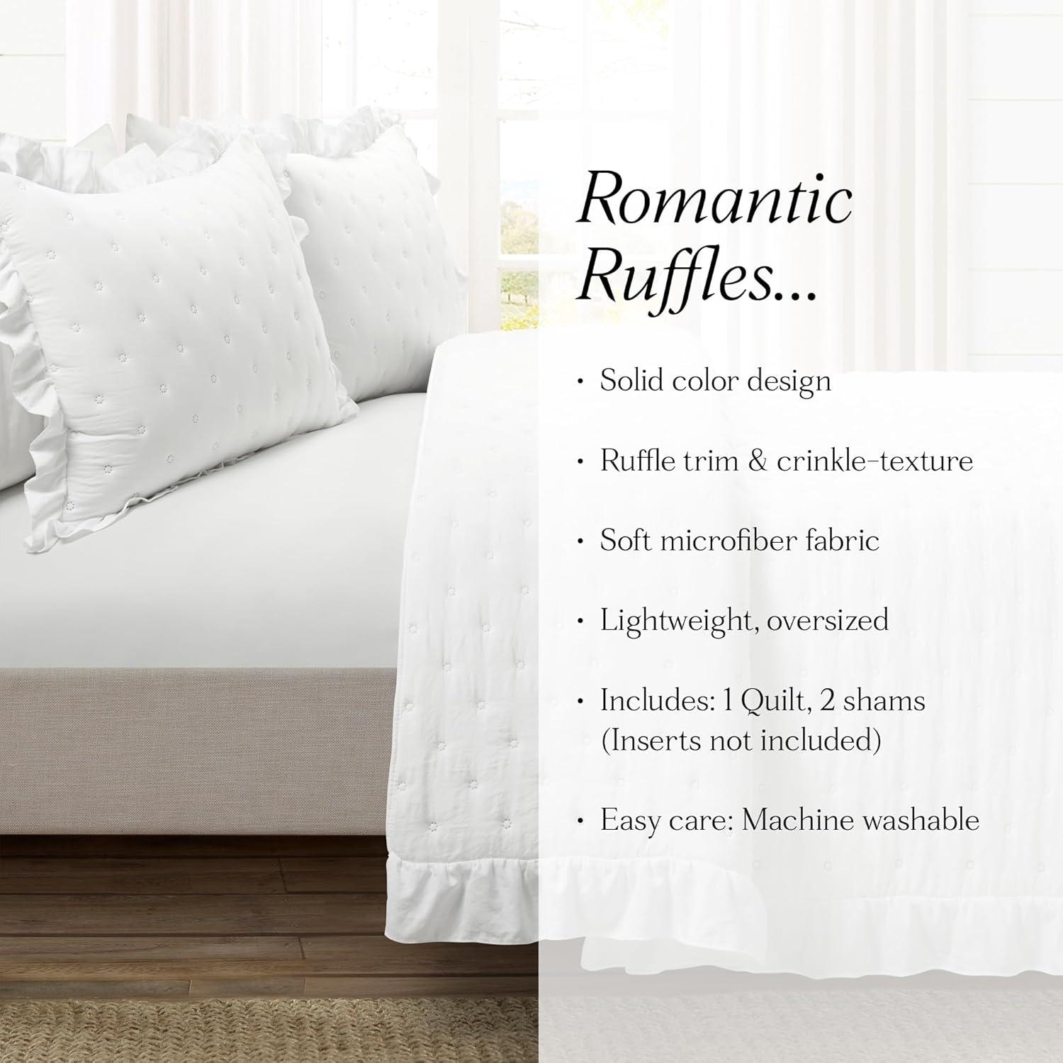 Reyna Ruffle Reversible Oversized Quilt White 3Pc Set King