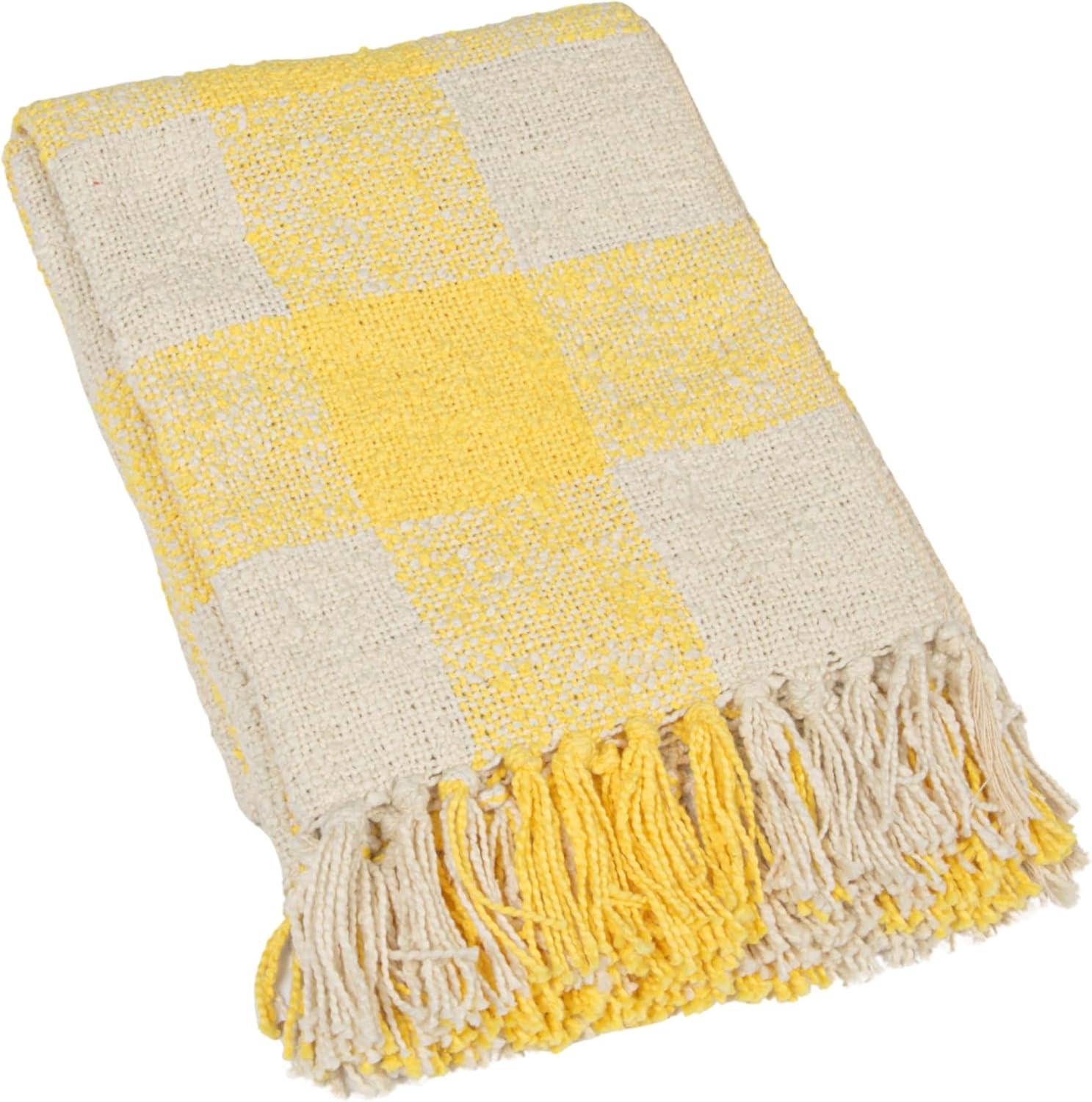 Yellow and Cream Hand-Woven Cotton Plaid Throw with Fringe