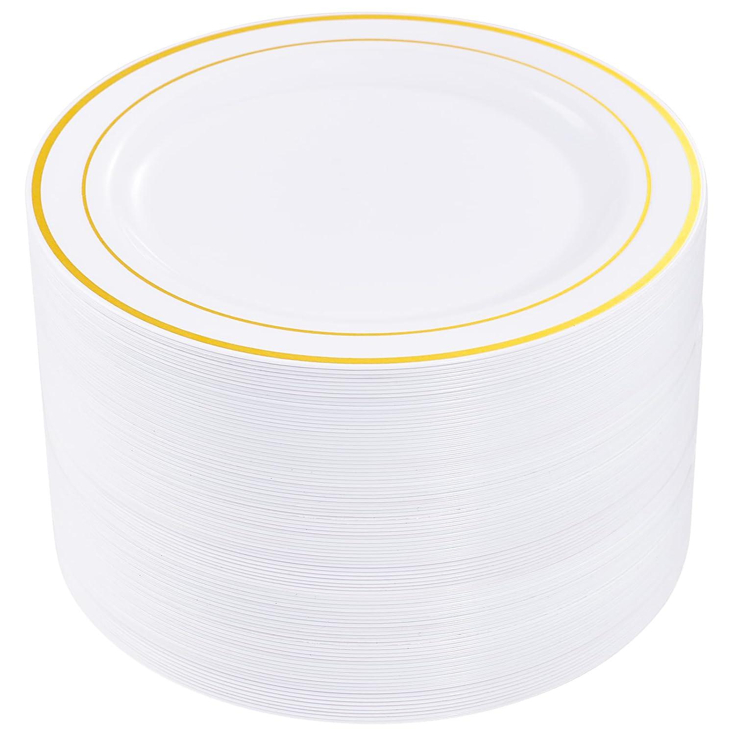 I00000 60pcs Plastic Gold Plates,10.25 inch Gold Rimmed Dinner Plates, White Disposable Plates, Parties or Wedding