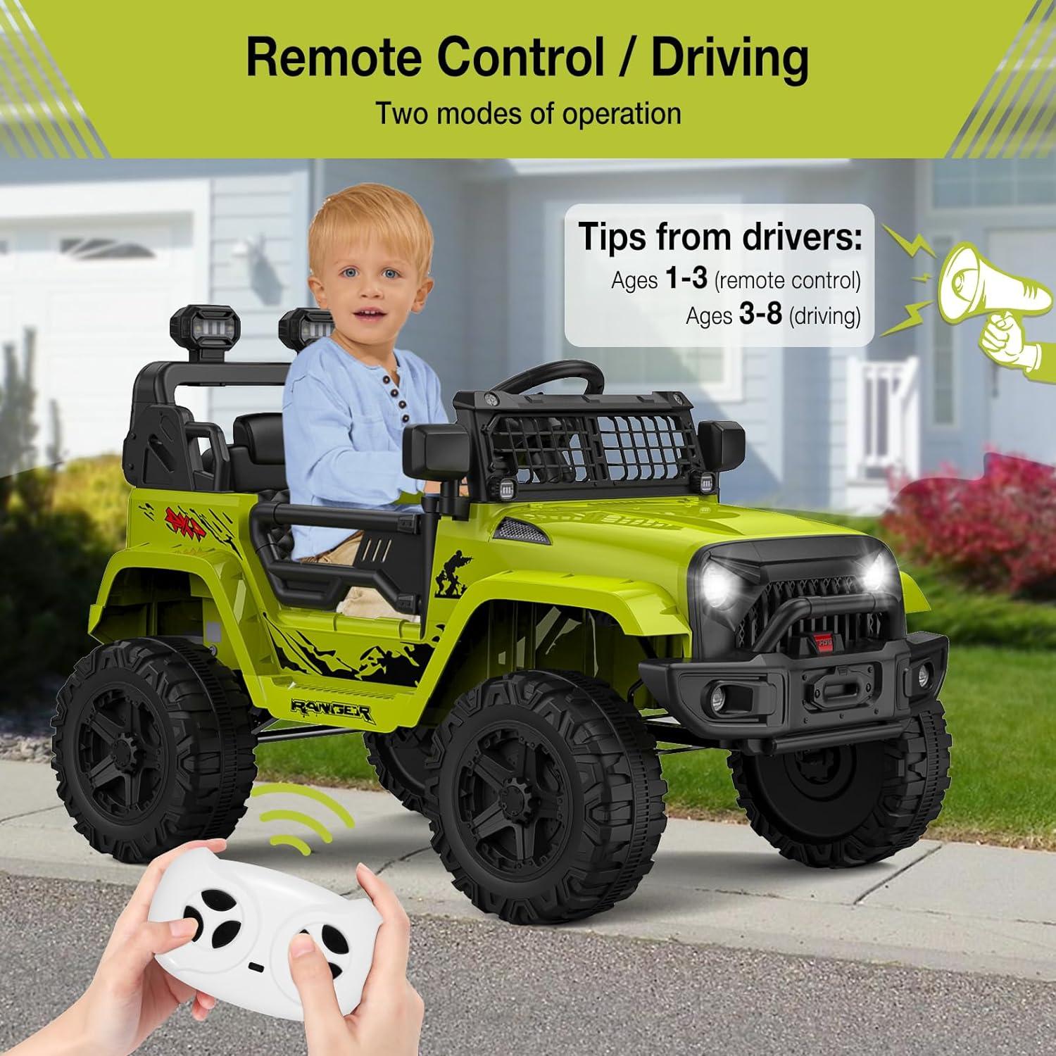 Ride on Truck Car 12V Kids Electric Vehicles with Remote Control Spring Suspension, LED Lights, Bluetooth, 2 Speeds