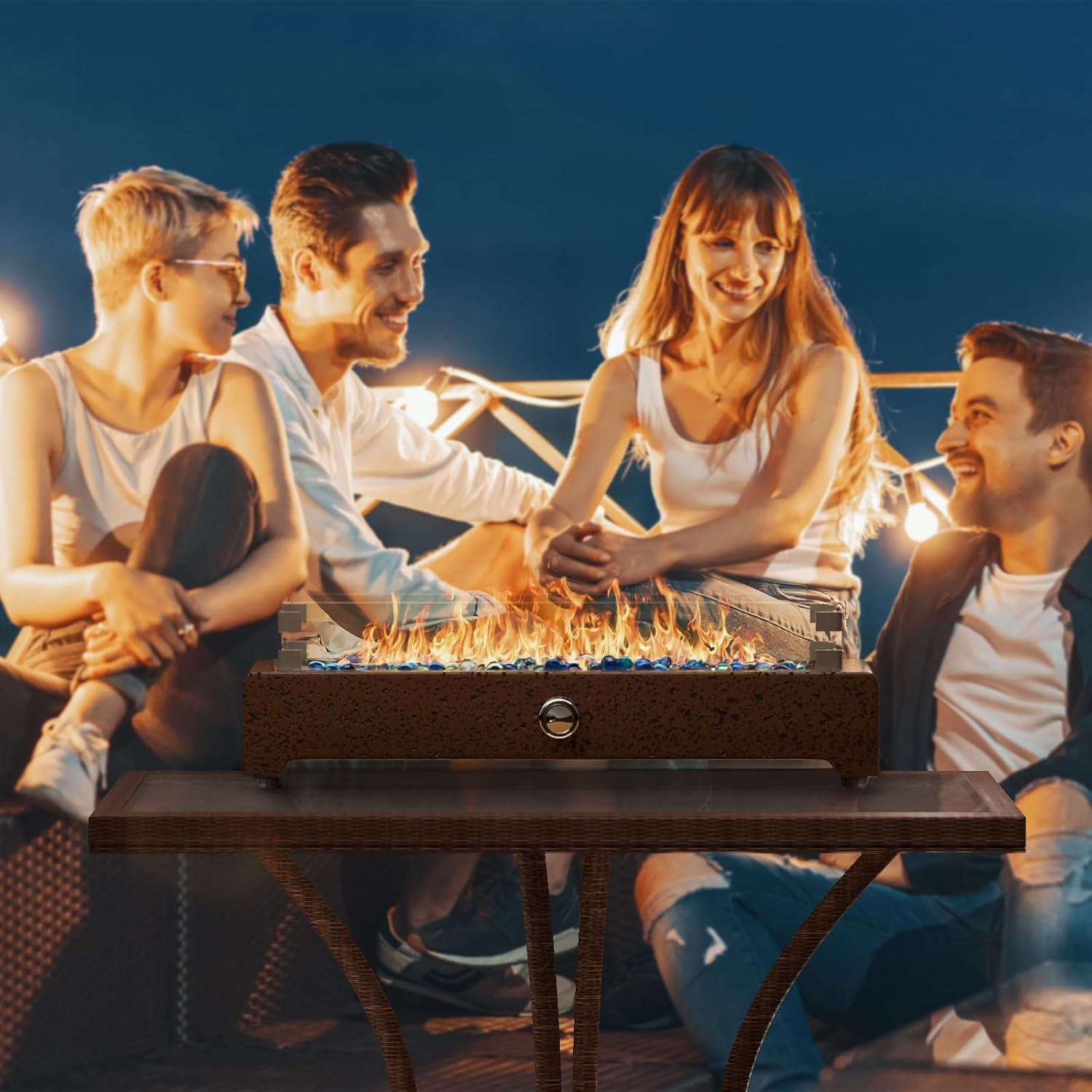 COSIEST 28" Tabletop Fire Pit, CSA Certified Outdoor Propane Fire Pit Table w Magnesium Oxide Rectangle Base, 40,000 BTU Stainless Steel Burner, Glass Rocks, Glass Wind Guard, Fits 20lb Tank Outside