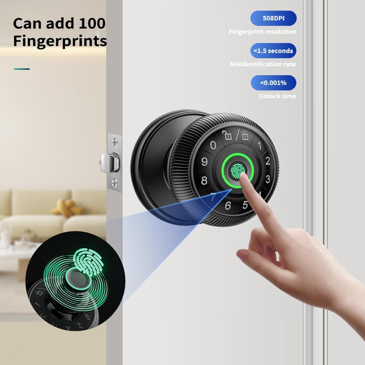 Black Aluminum Smart Fingerprint Door Knob with Keypad