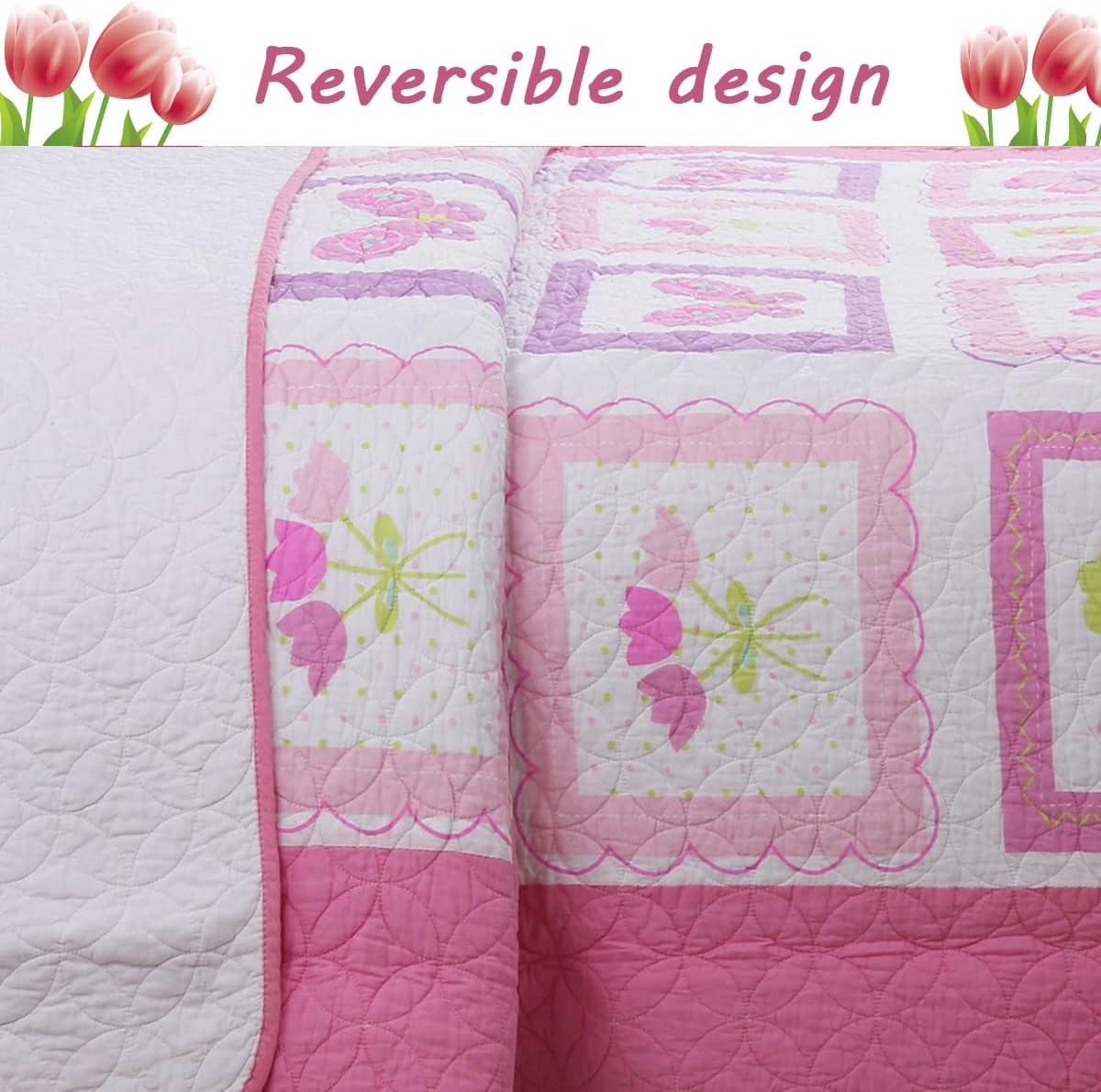 Pink and White Cotton Butterfly Floral Twin Quilt Set