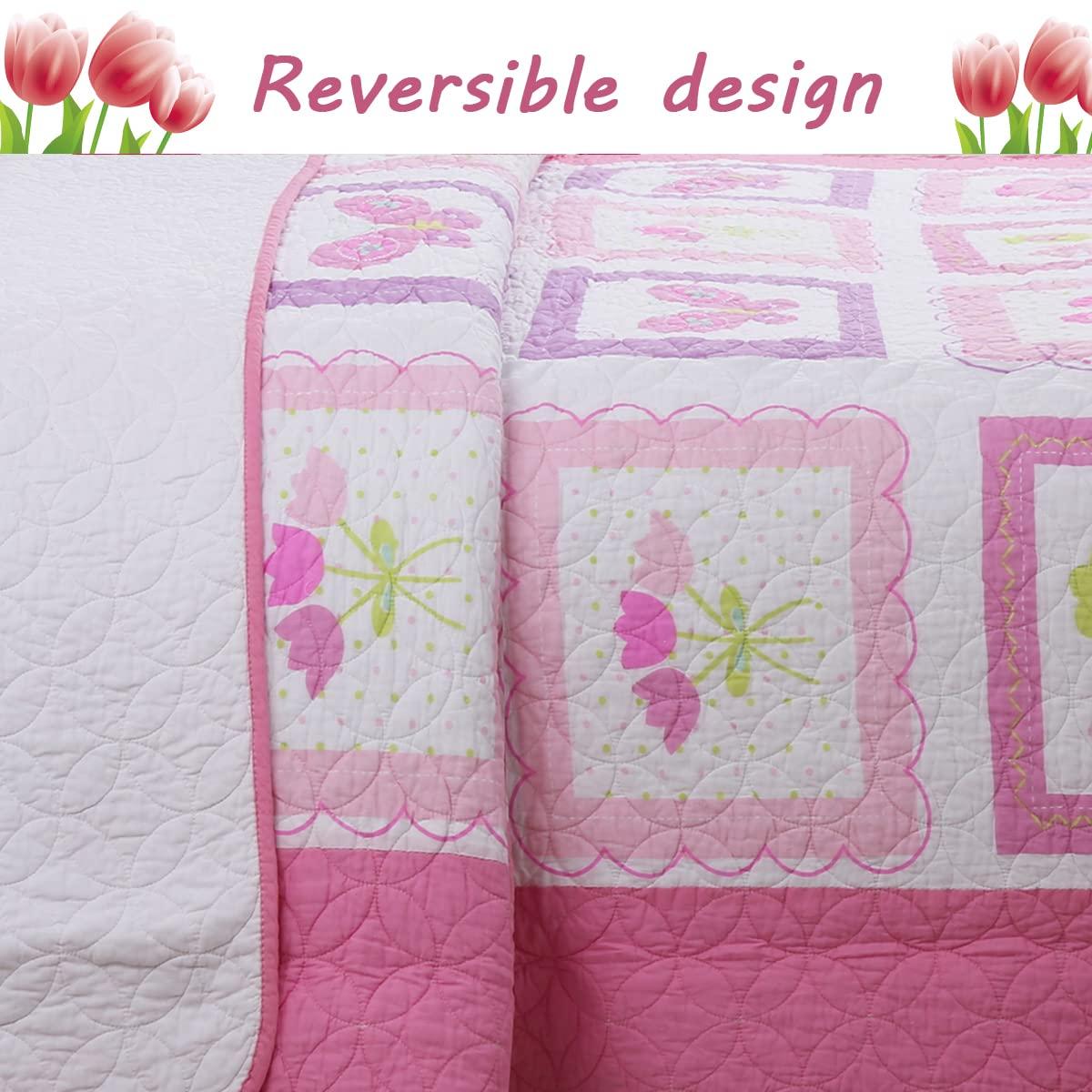 Pink and White Cotton Butterfly Floral Twin Quilt Set