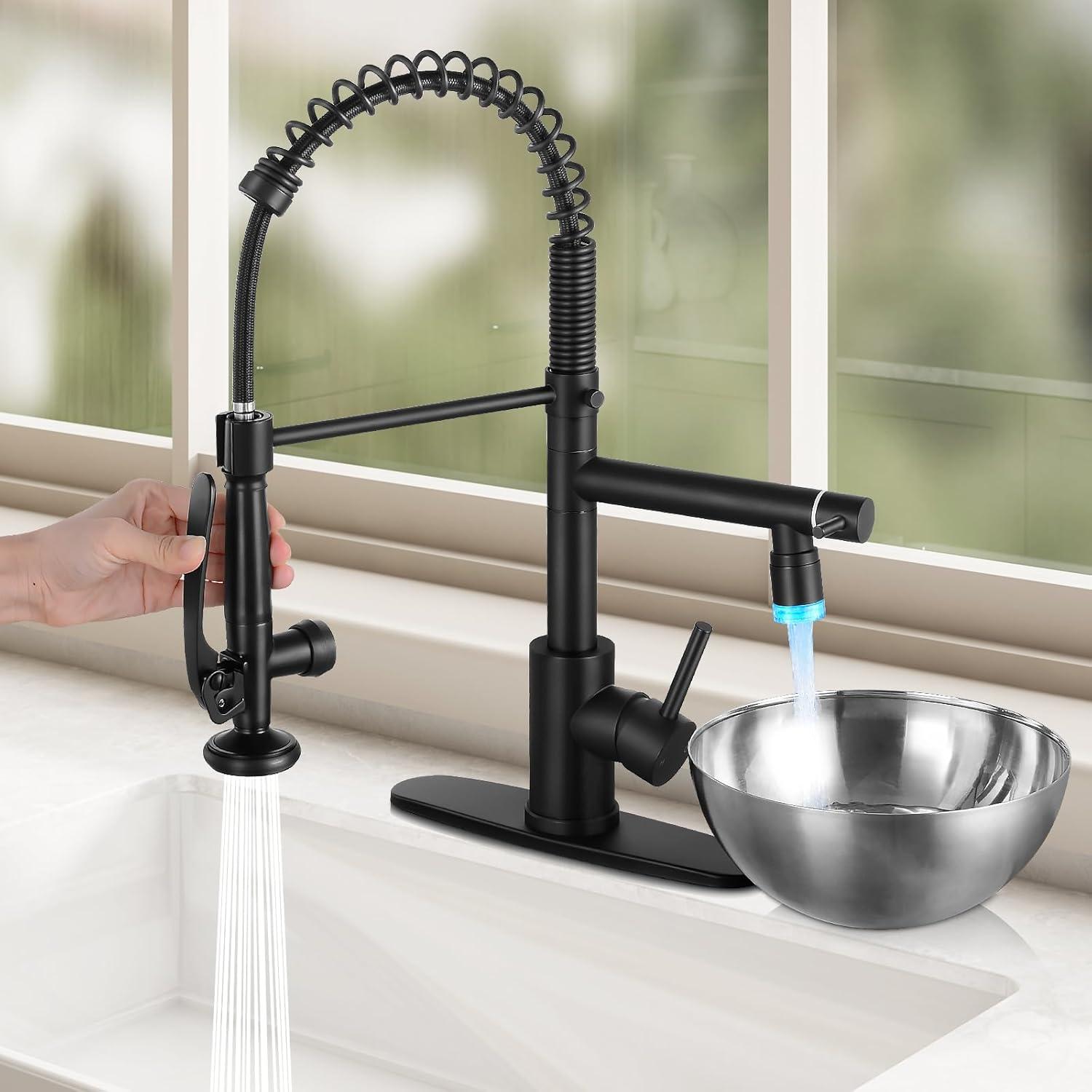 Matte Black Stainless Steel LED Kitchen Faucet with Pull-out Spray